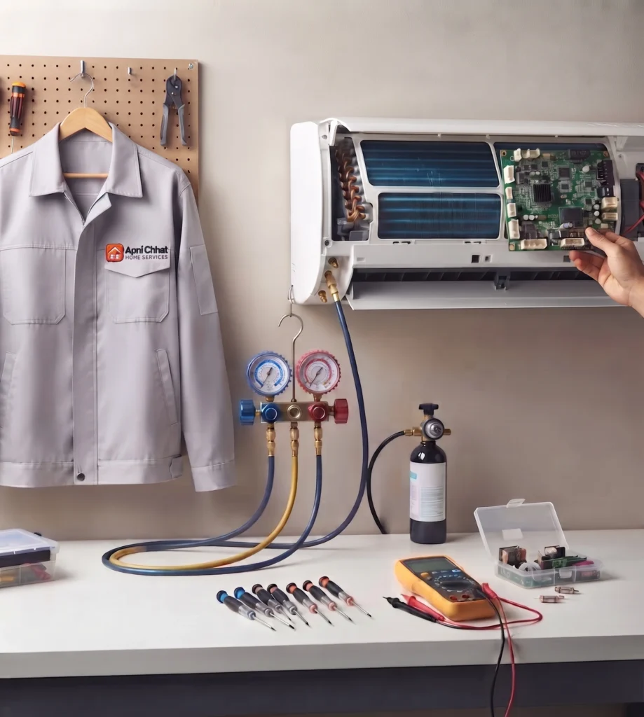 Apni Chhat technician servicing a split air conditioner in an Islamabad home
