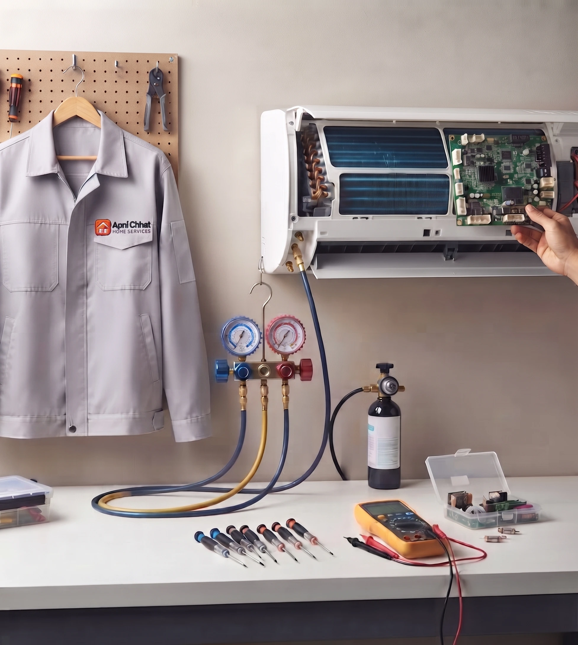 Apni Chhat technician servicing a split AC unit in an Islamabad home