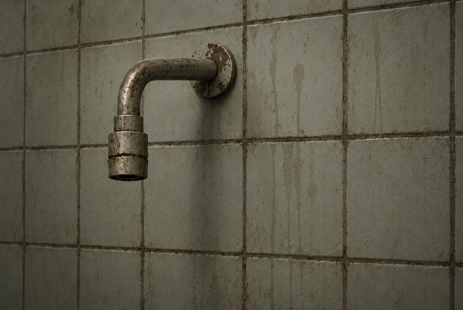 Bathroom with stained grout, limescale and mould before deep cleaning