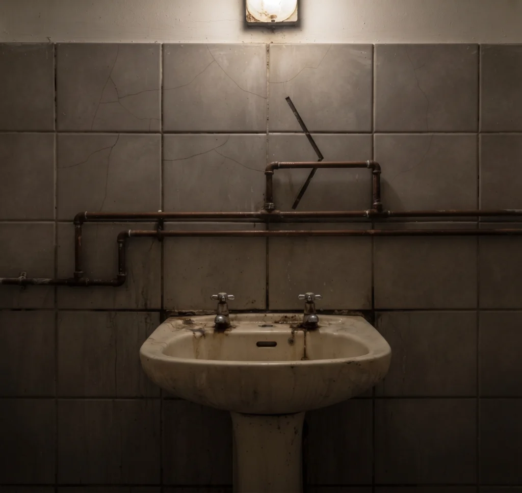 Dated bathroom in Islamabad with cracked tiles, a stained suite and exposed pipework