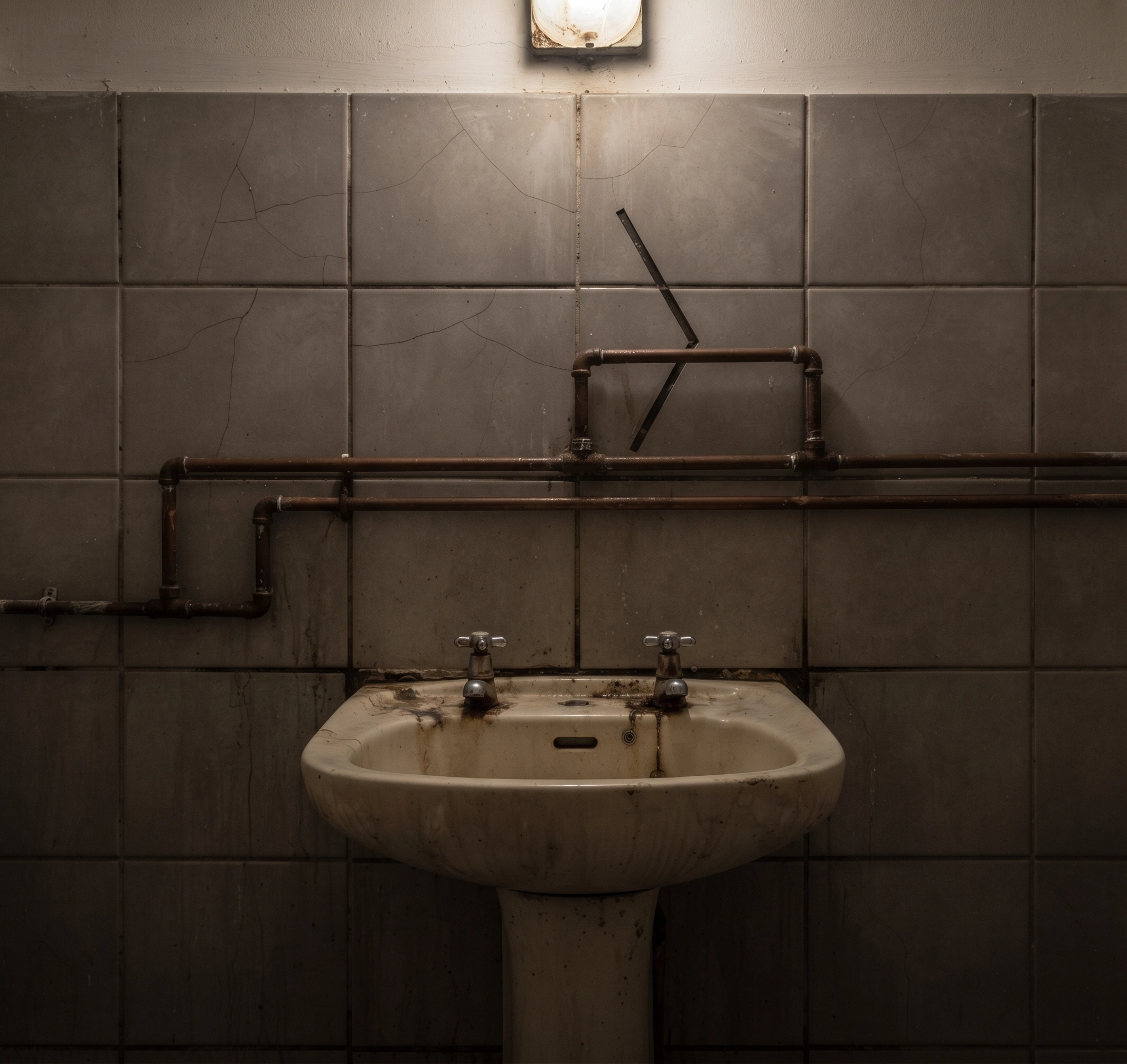 Dated bathroom in Islamabad with cracked tiles, a stained suite and exposed pipework