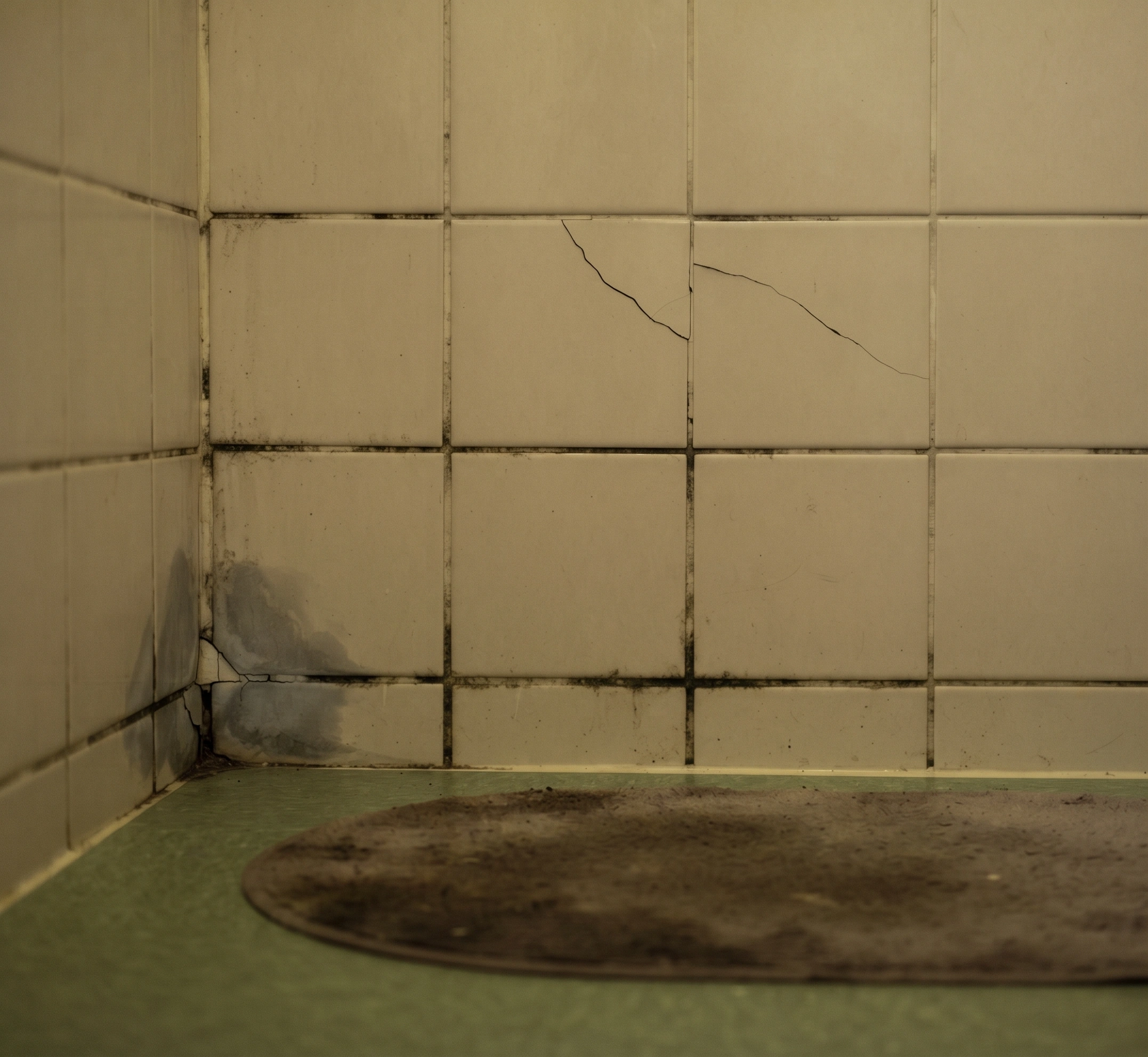 Dated bathroom tiling in Islamabad with mouldy joints and a cracked tile