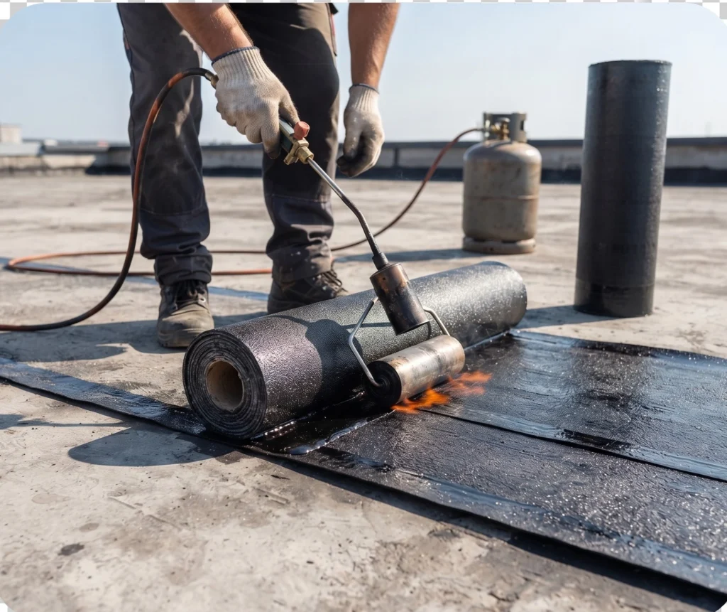 Torch-applied bituminous membrane being lapped on a rooftop in Islamabad