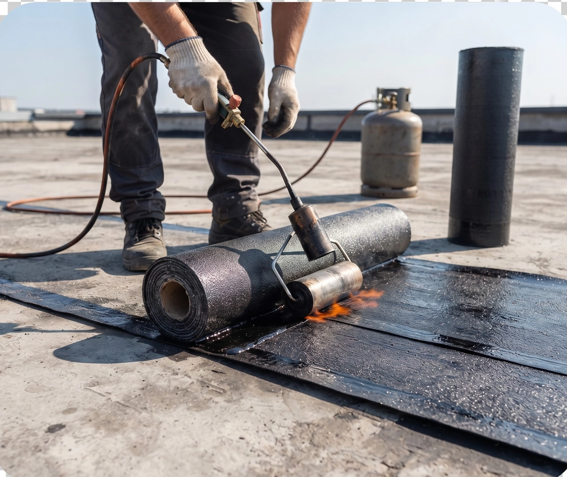 Torch-applied bituminous membrane being lapped on a rooftop in Islamabad