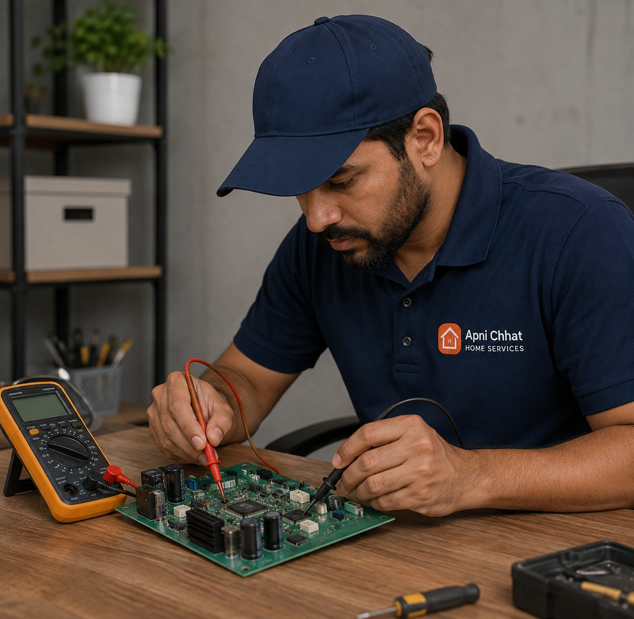 Appliance control board being tested at component level with a meter