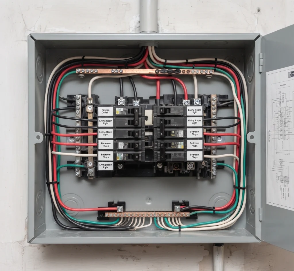 The same board rebuilt with matched breakers, torqued terminals and every way labelled