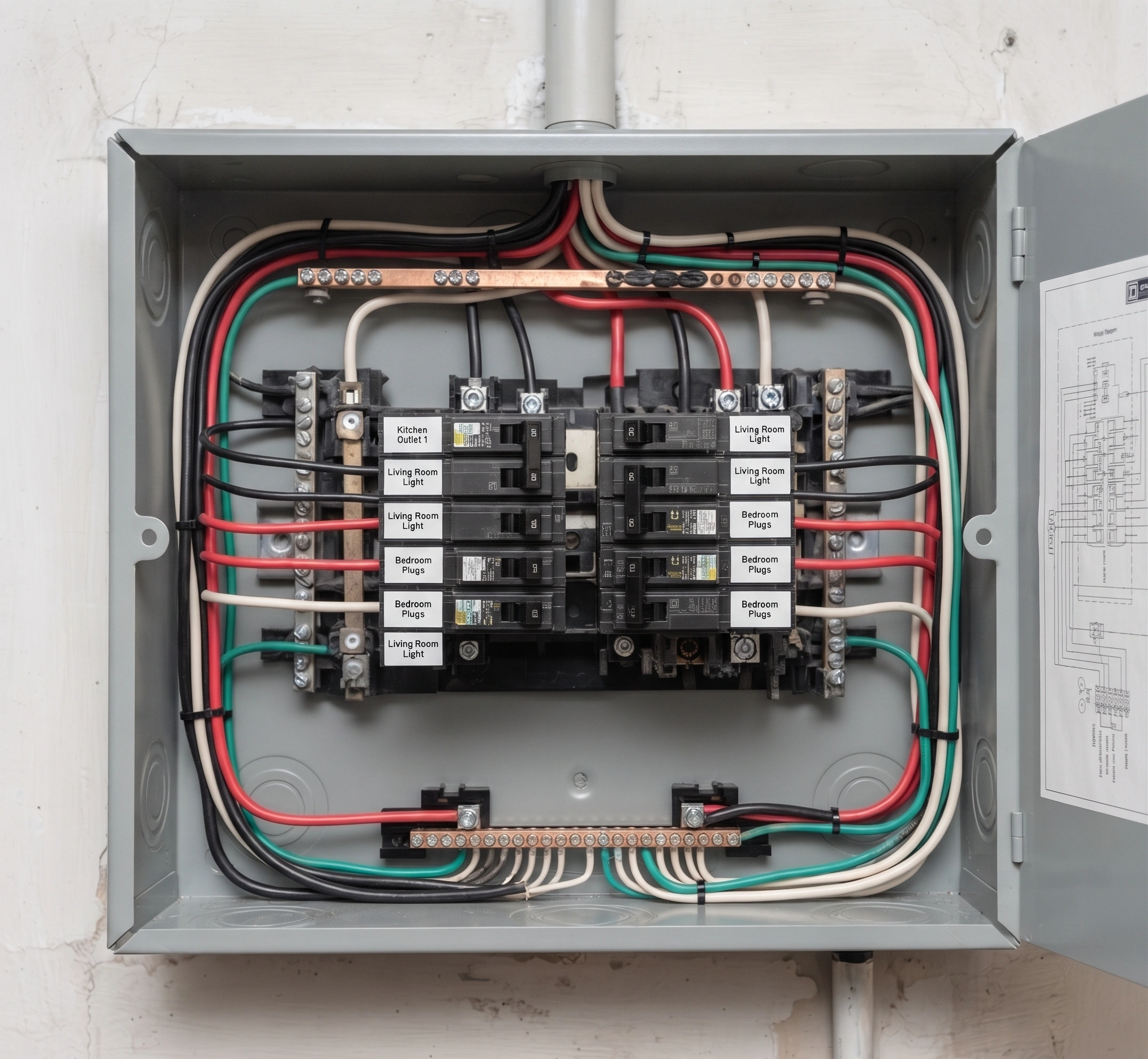 The same board rebuilt with matched breakers, torqued terminals and every way labelled