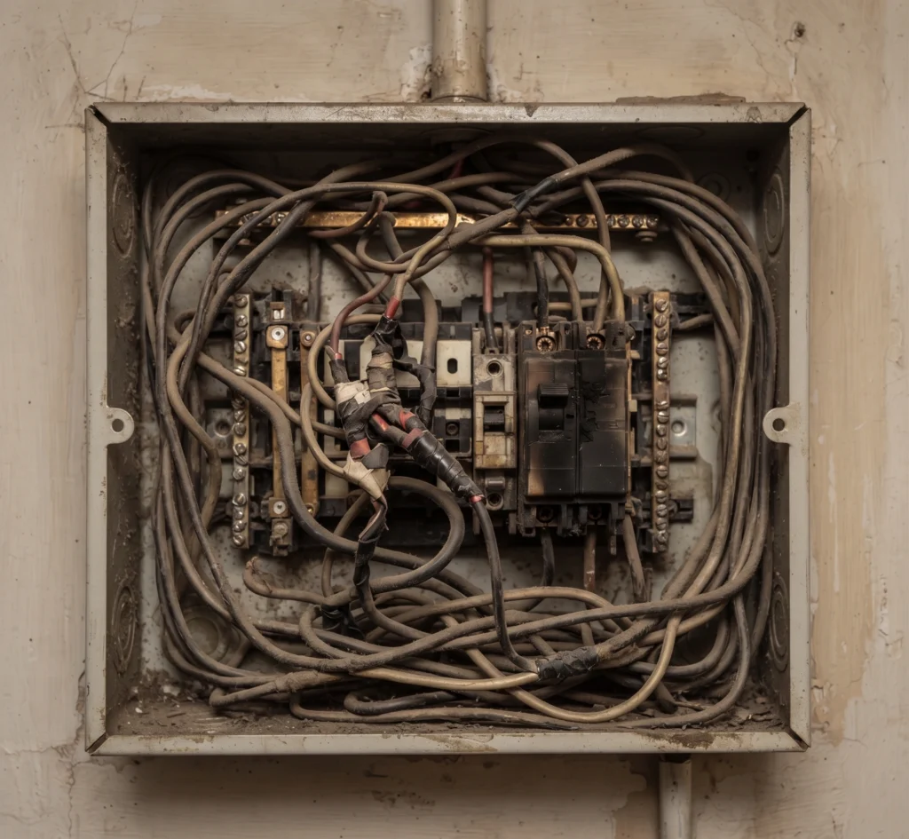 Consumer unit in Islamabad before rebuilding, with mixed breakers, no labelling and loose connections