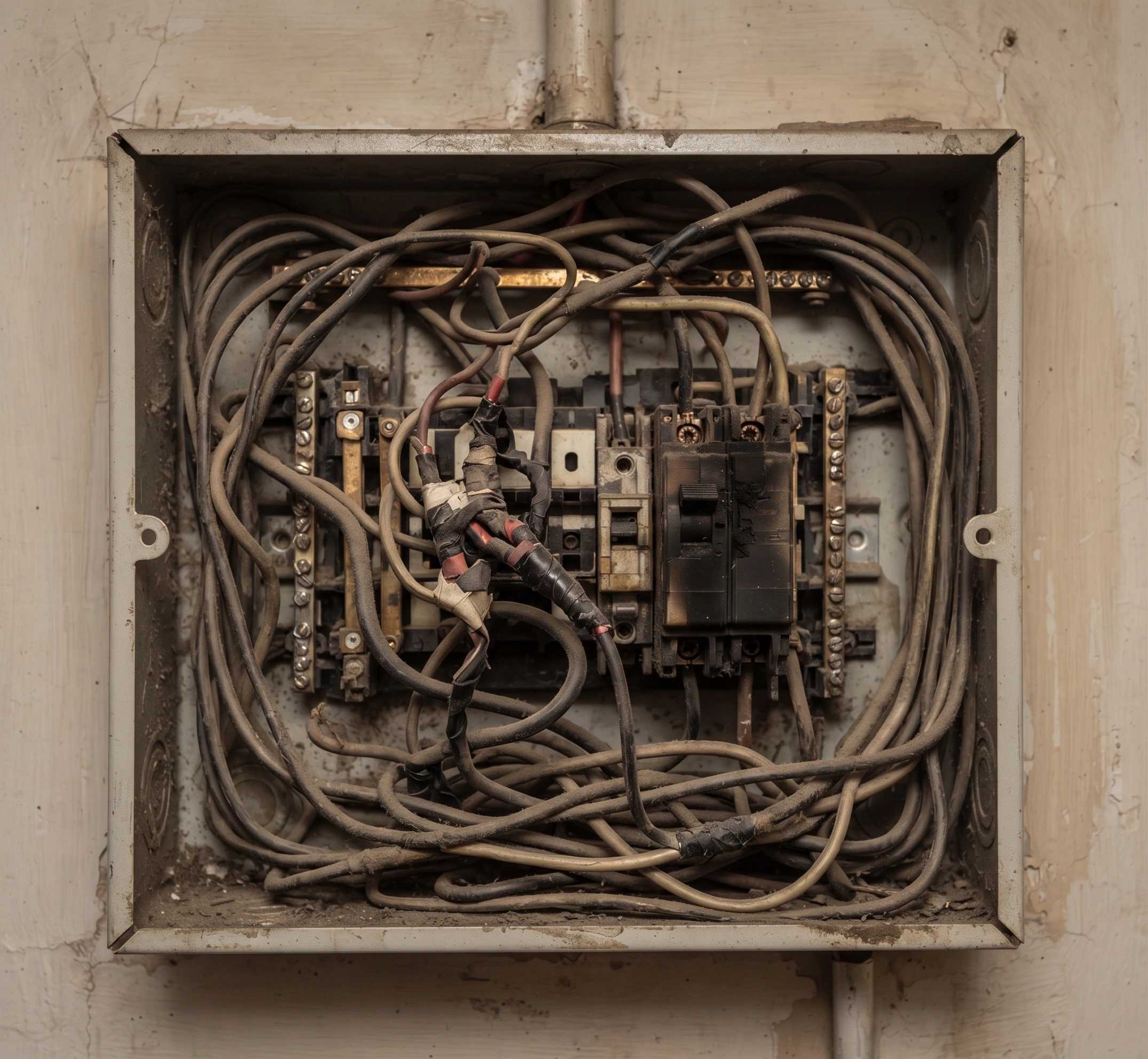 Consumer unit in Islamabad before rebuilding, with mixed breakers, no labelling and loose connections