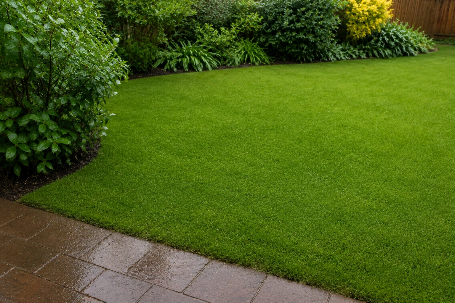 The same yard drained and cut back, with residual fog on the foliage