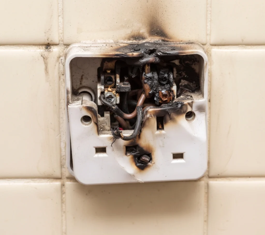 Burnt and scorched wall socket in an Islamabad home caused by a loose connection