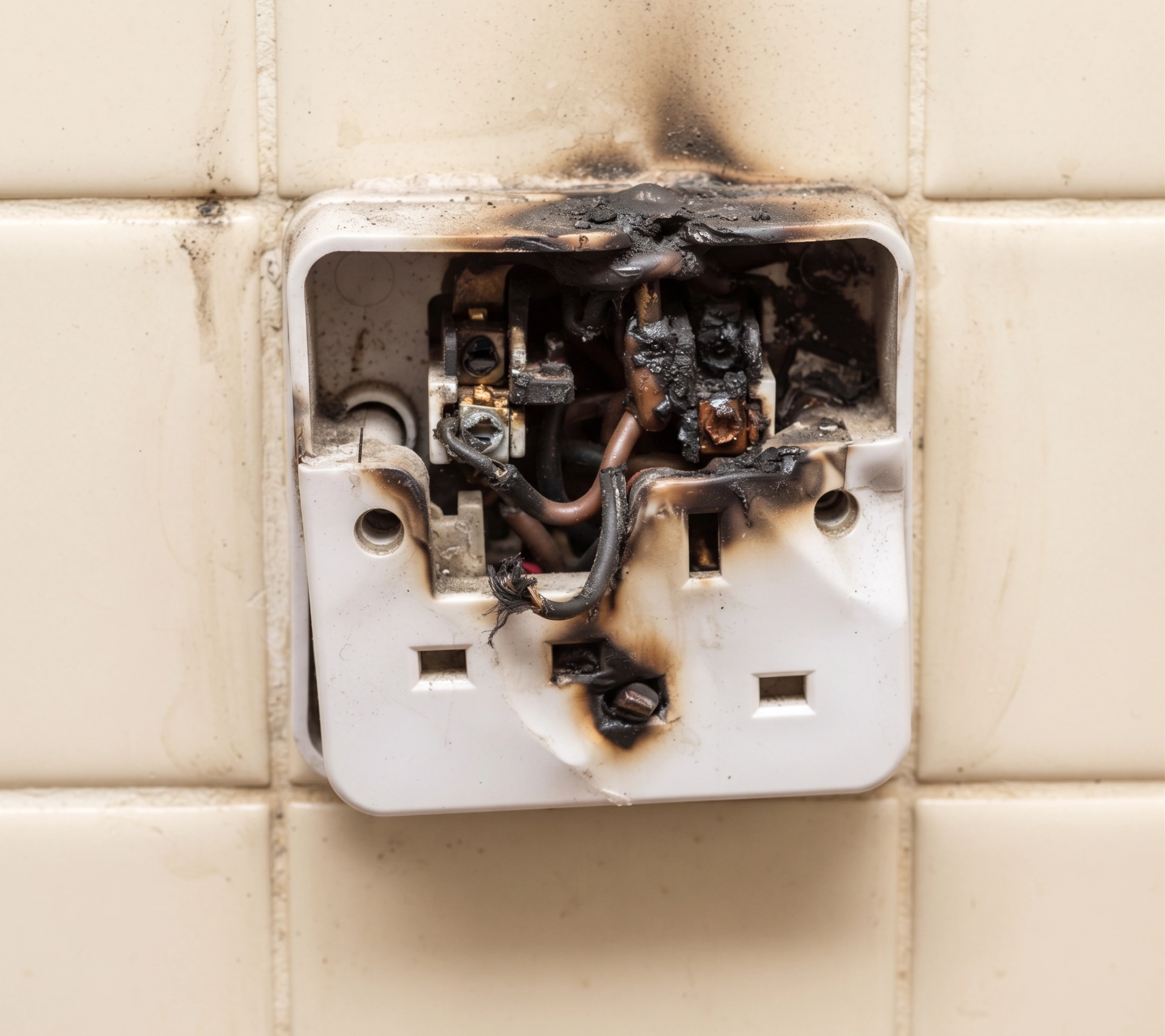 Burnt and scorched wall socket in an Islamabad home caused by a loose connection