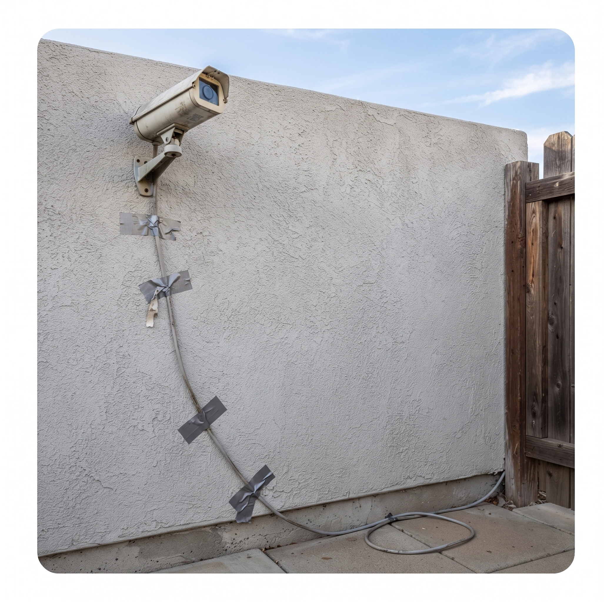 Old CCTV camera at an Islamabad property aimed at the sky with cable taped up the wall