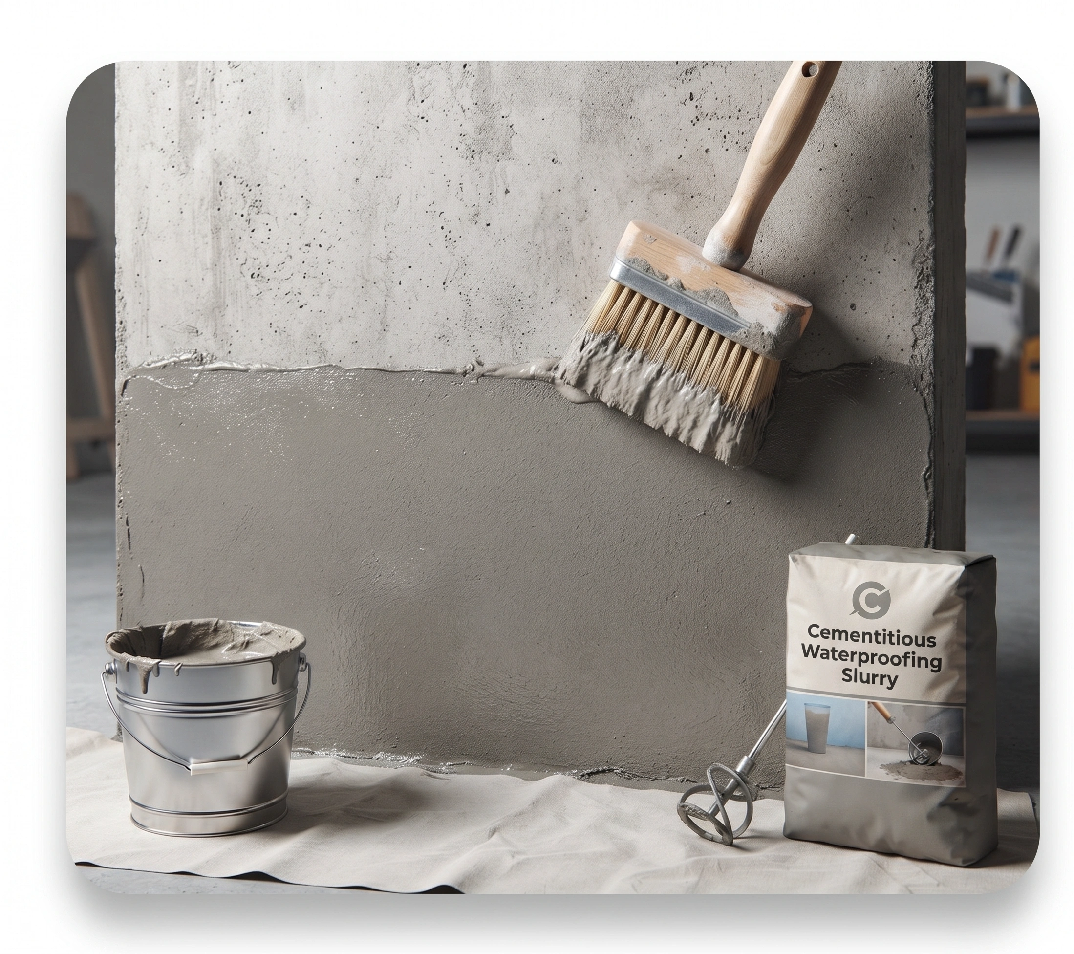 Cementitious waterproofing slurry being brush-applied on an Islamabad roof