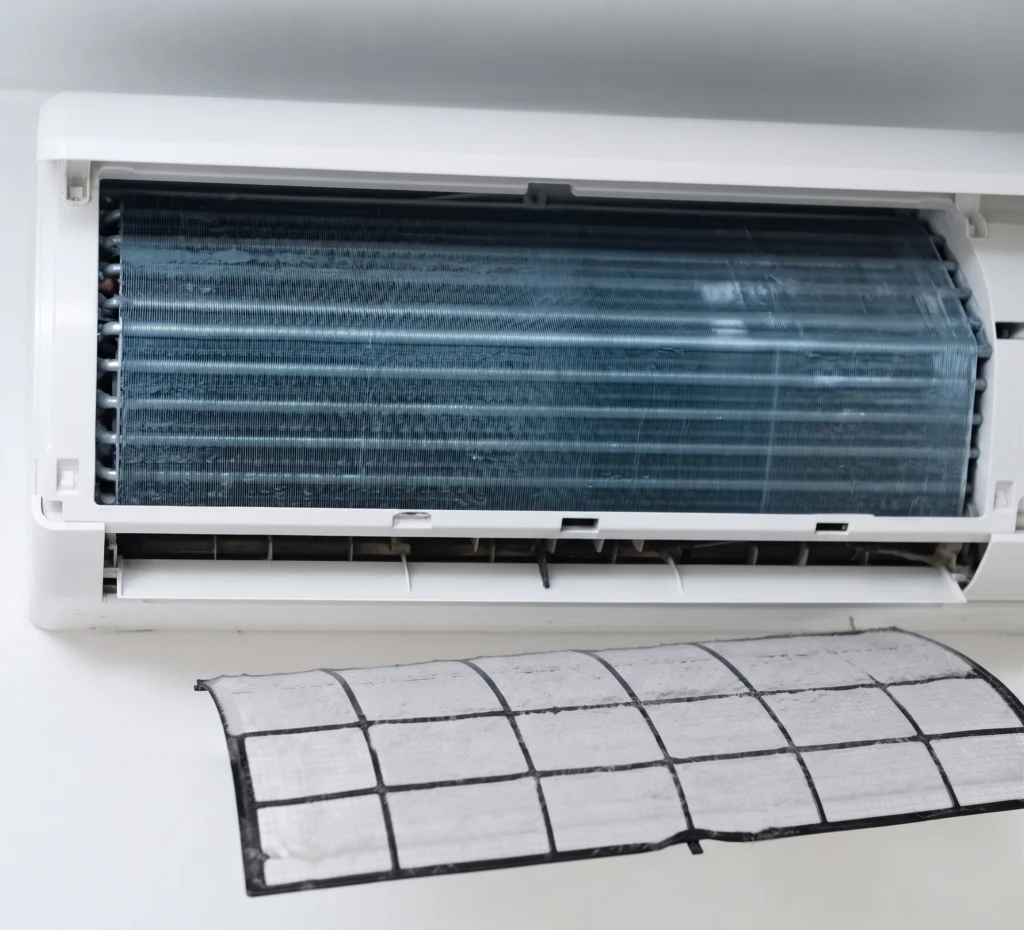 The same coil and filter after a full wash, with cold air coming from the vent again