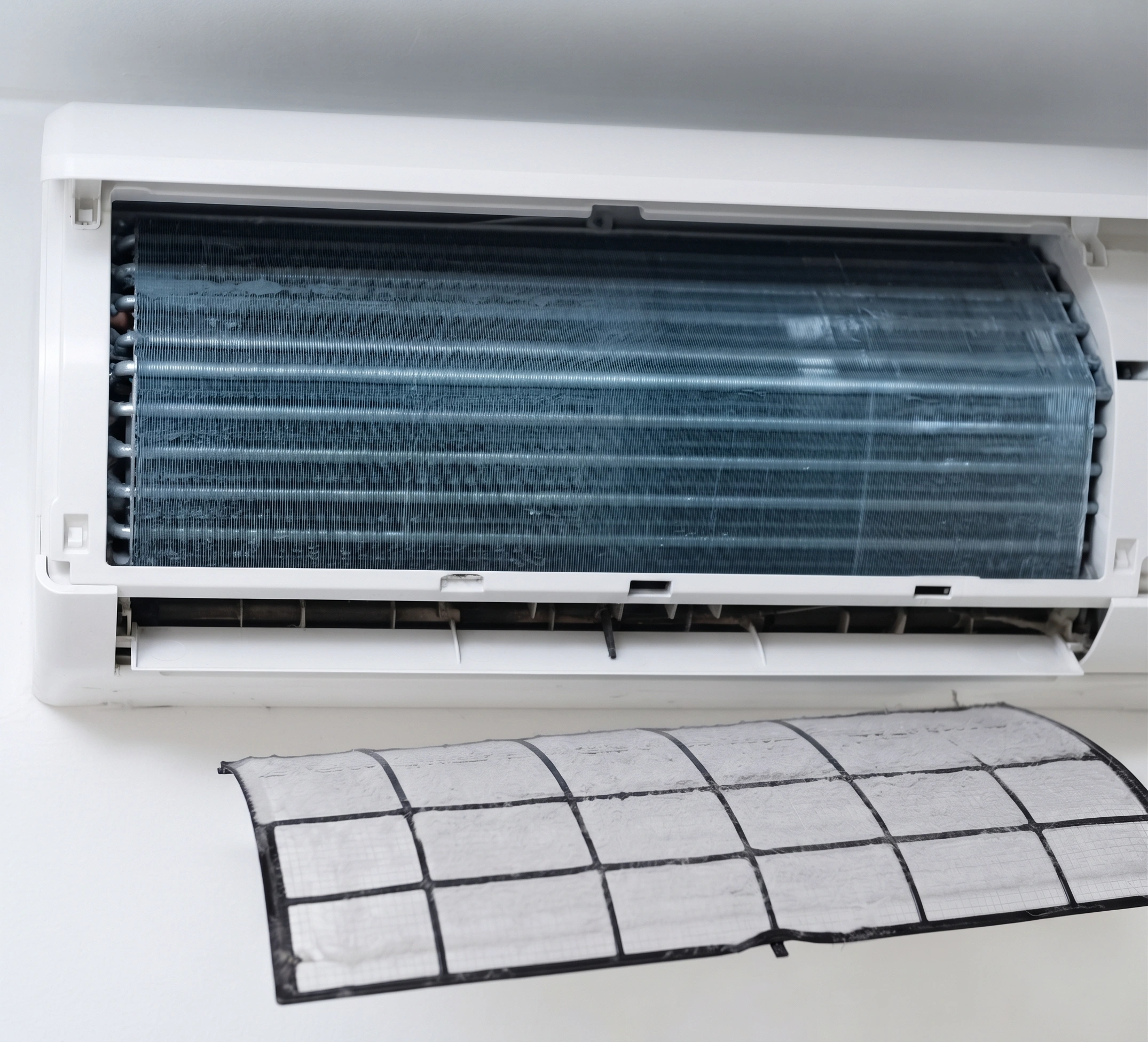 The same coil and filter after a full wash, with cold air coming from the vent again