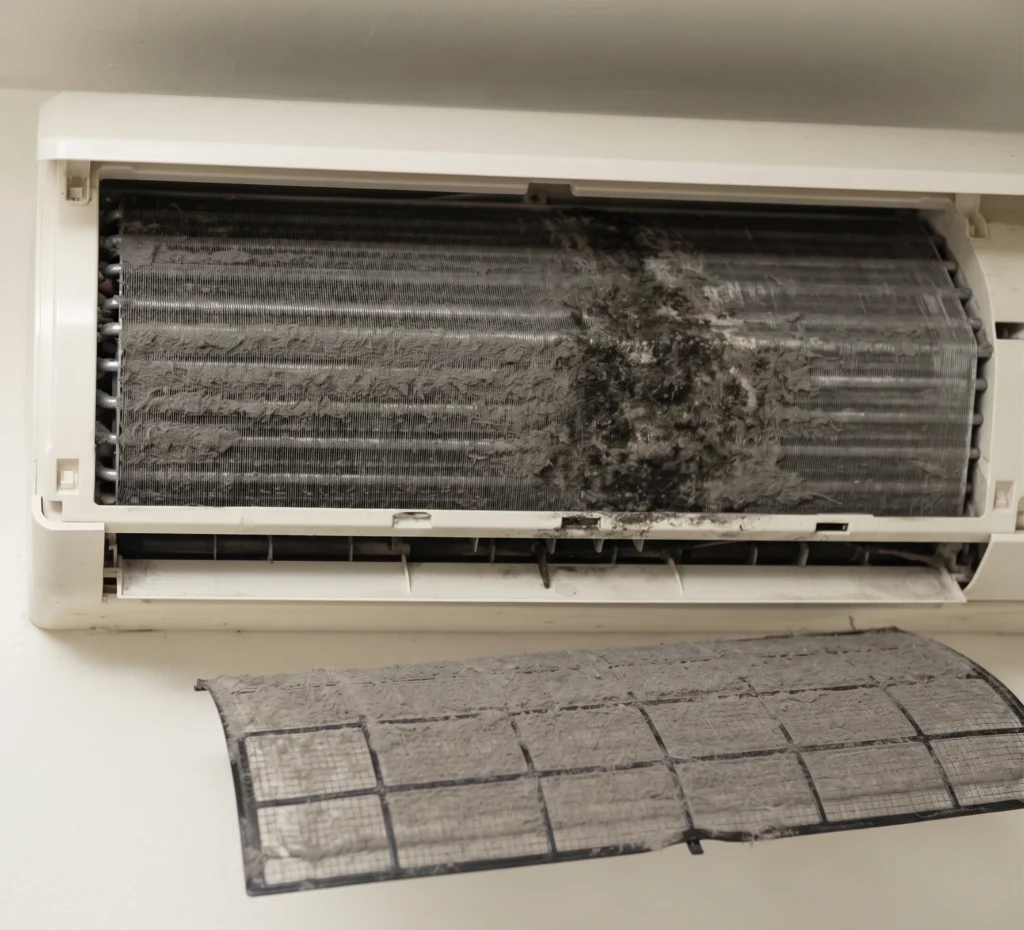 Air conditioner coil blocked with matted dust and a filter grey with dirt