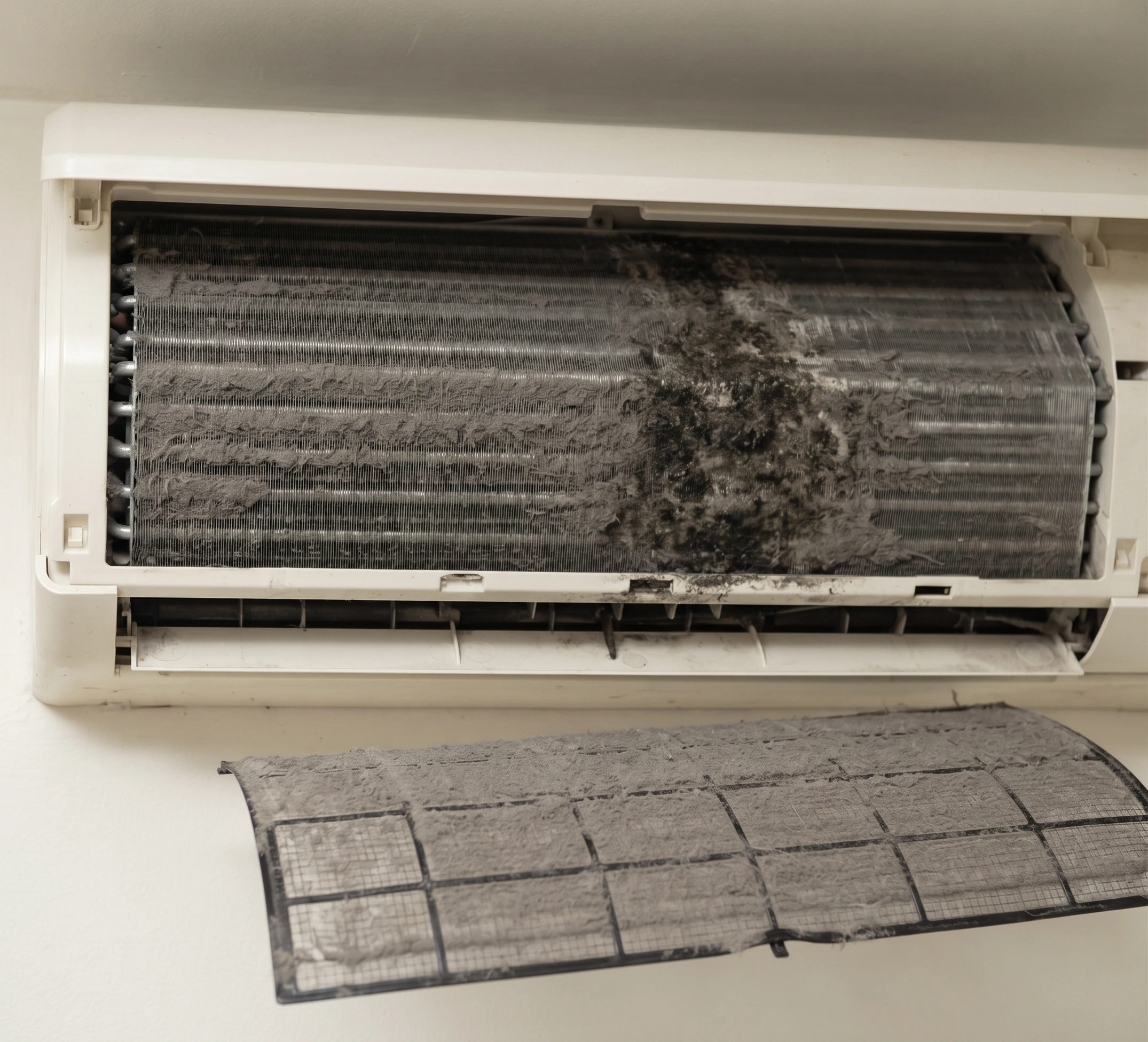 Air conditioner coil in Islamabad blocked with matted dust, and a filter grey with dirt