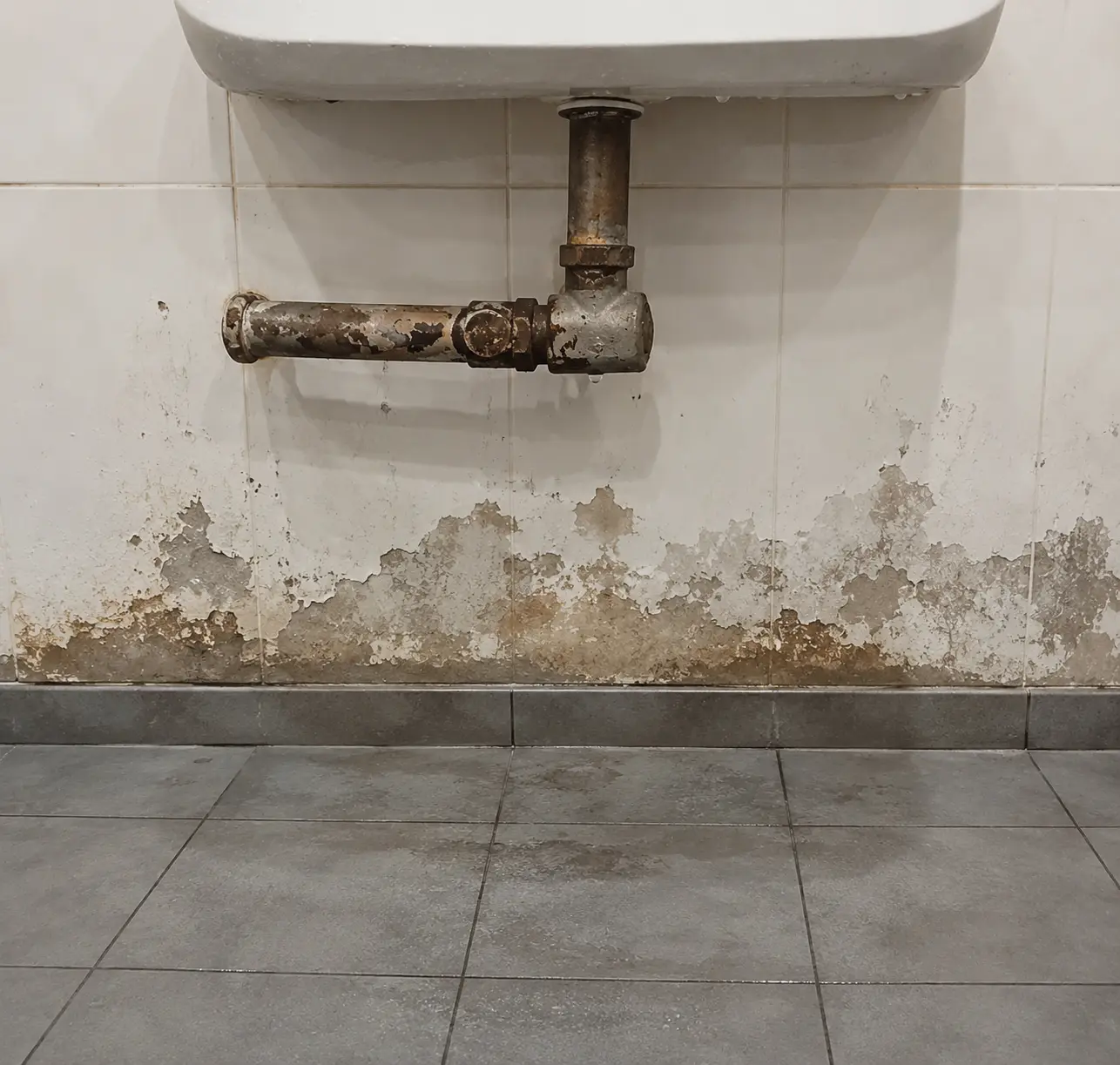 Corroded galvanised pipework under a sink, leaking at the joints