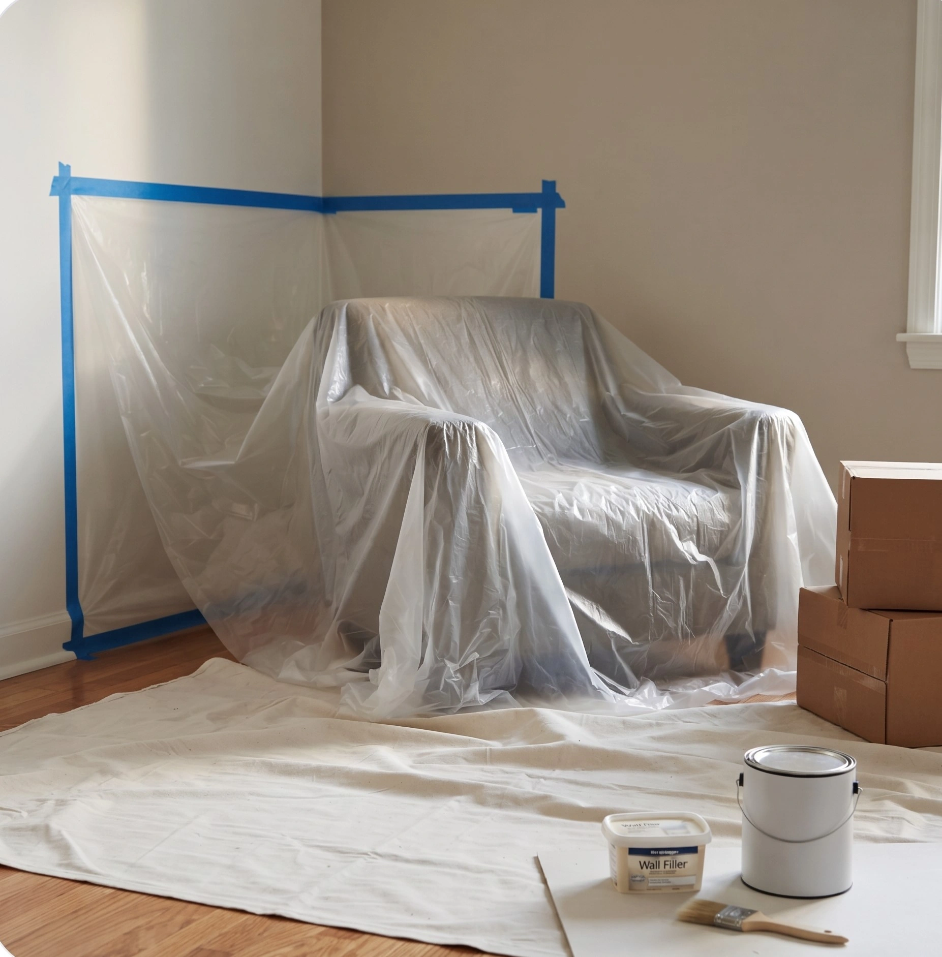 Apni Chhat painting crew sheeting up furniture and masking edges