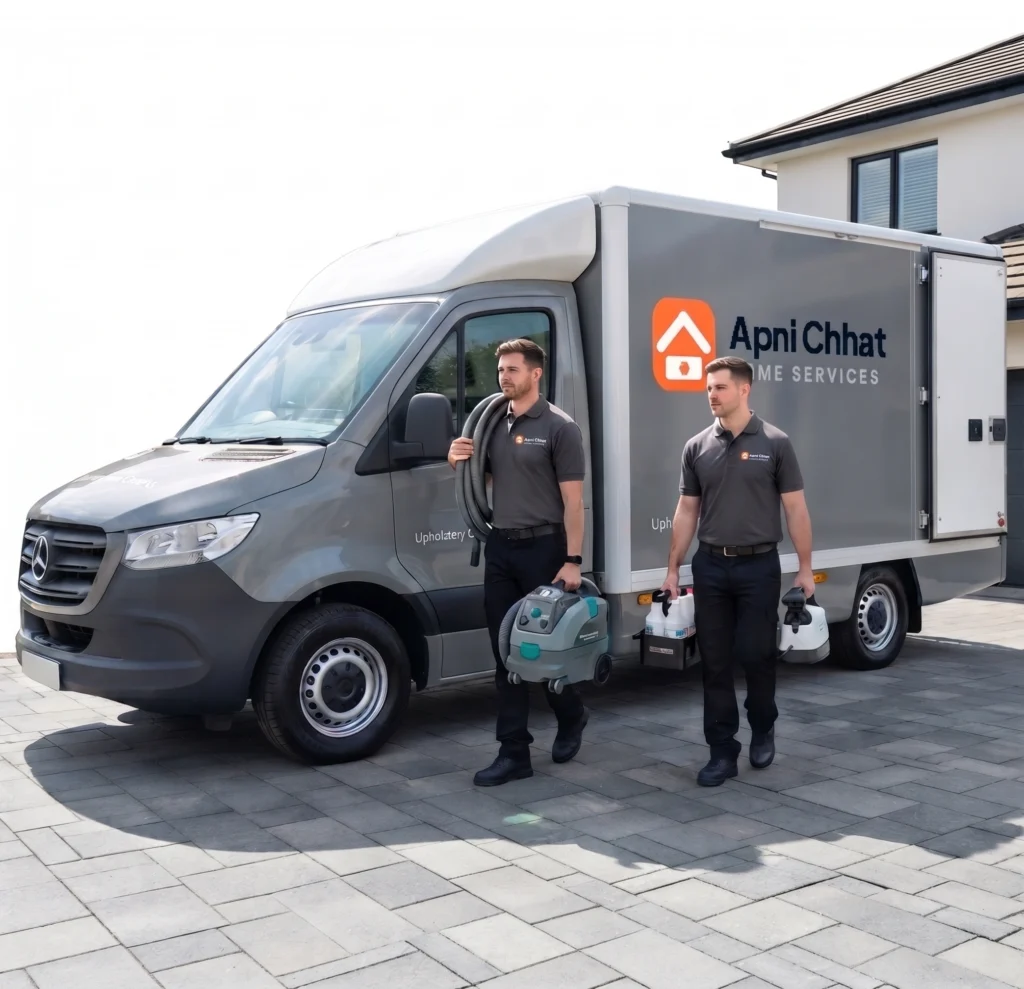 Apni Chhat cleaning crew arriving with an extraction machine and steam kit