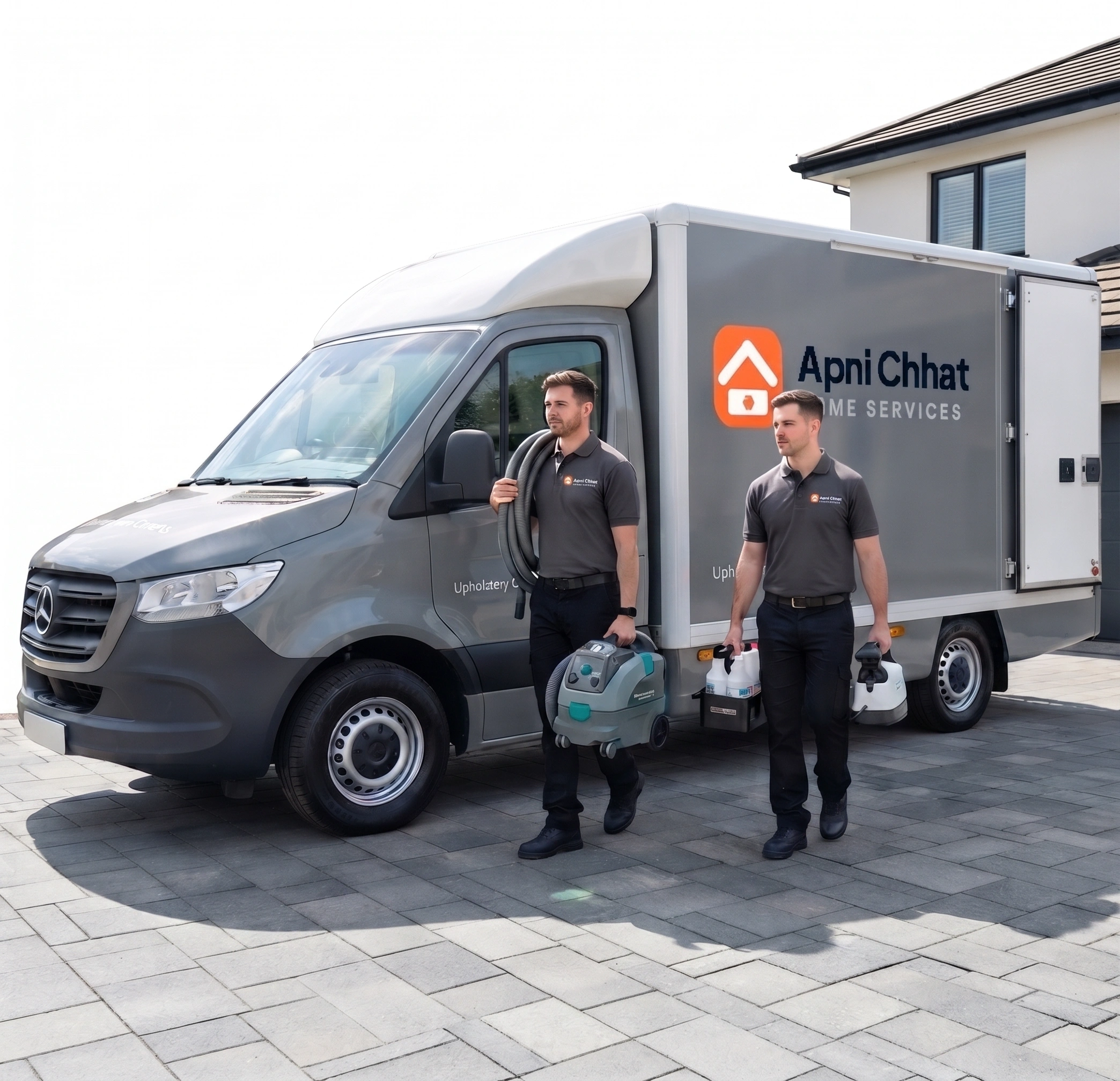 Apni Chhat cleaning crew arriving with an extraction machine and steam kit