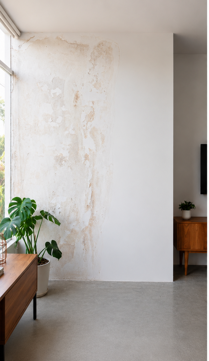 Interior wall in Islamabad showing damp, cracking and peeling paint before repair