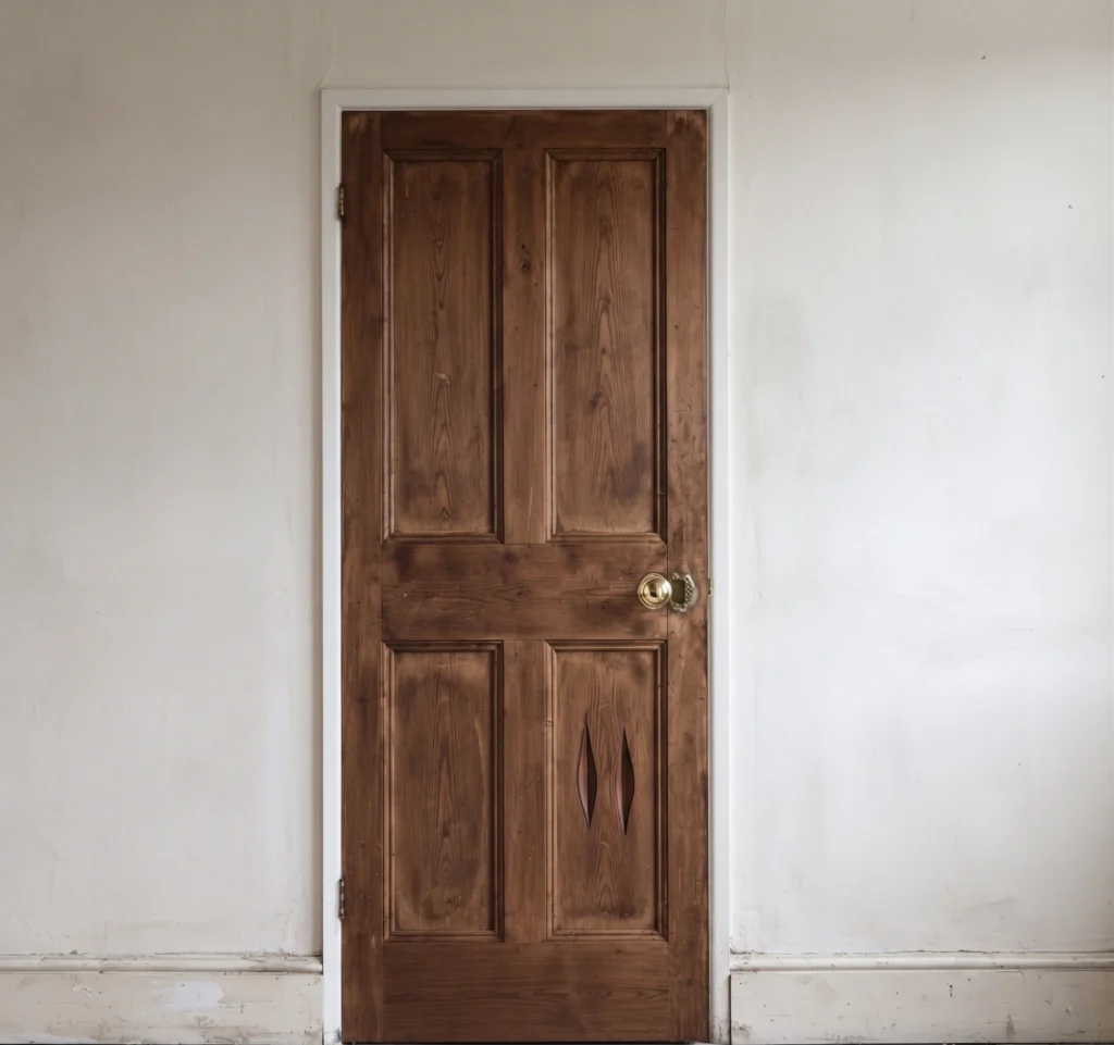 The same door sanded back, grain filled and polished to an even sheen