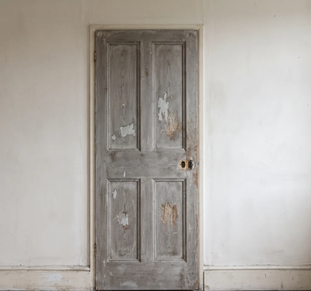 Interior door in Islamabad with the varnish worn off and the grain gone grey