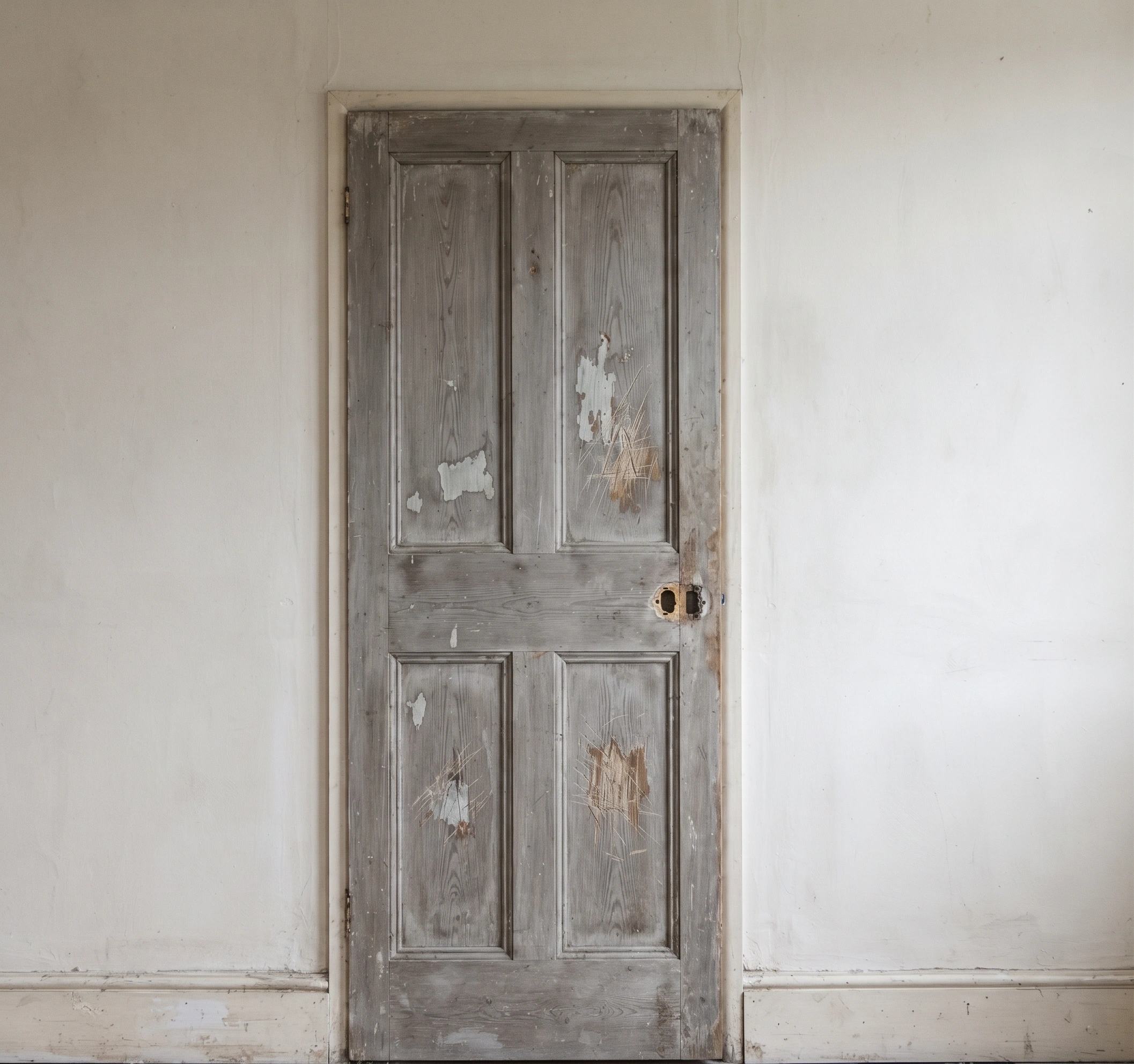 Interior door in Islamabad with the varnish worn off and the grain gone grey
