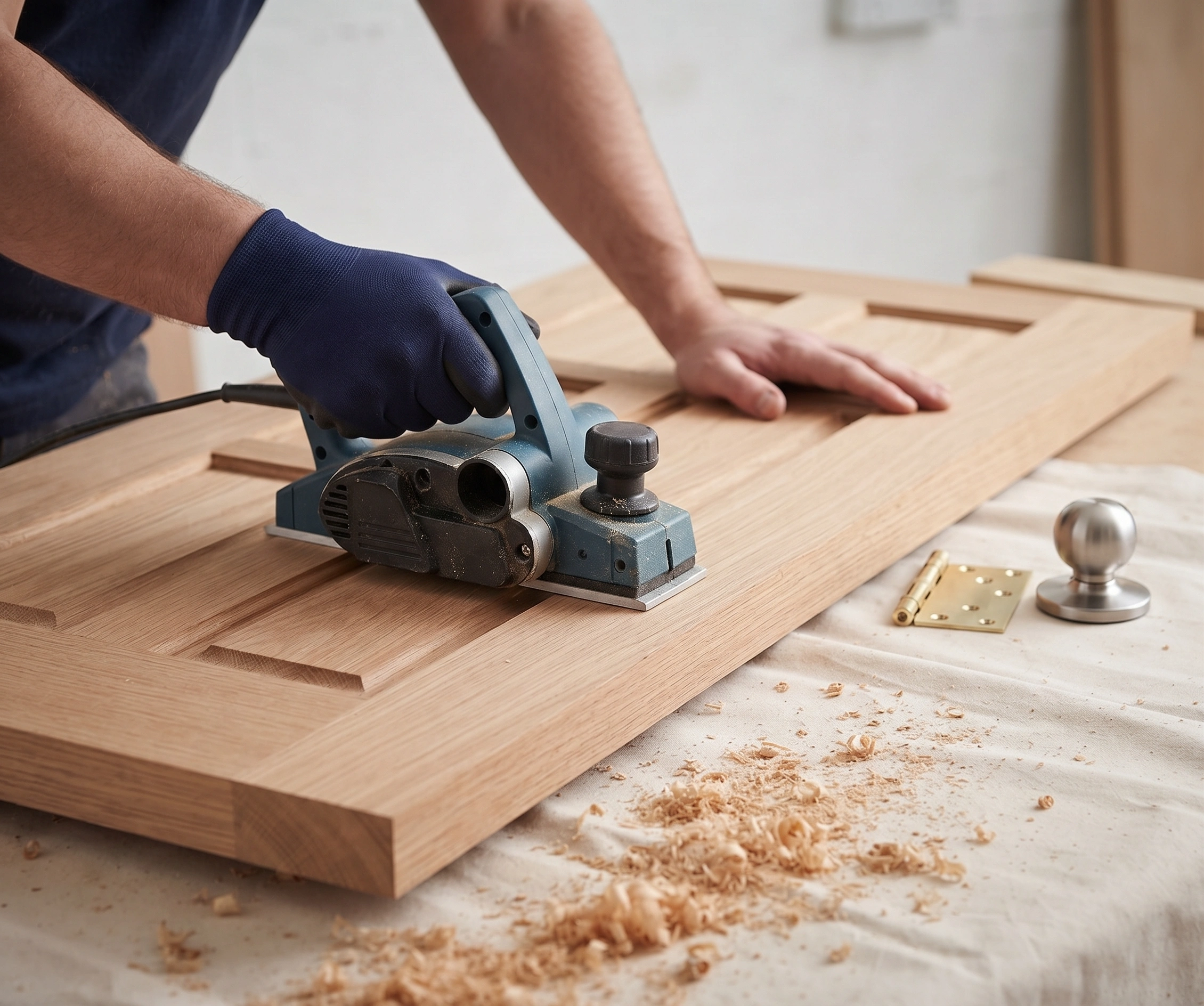 Apni Chhat carpenter fitting and aligning a door in an Islamabad home