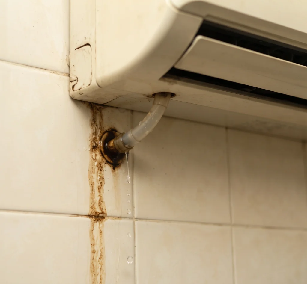 Water dripping from an indoor AC unit and staining the wall below it