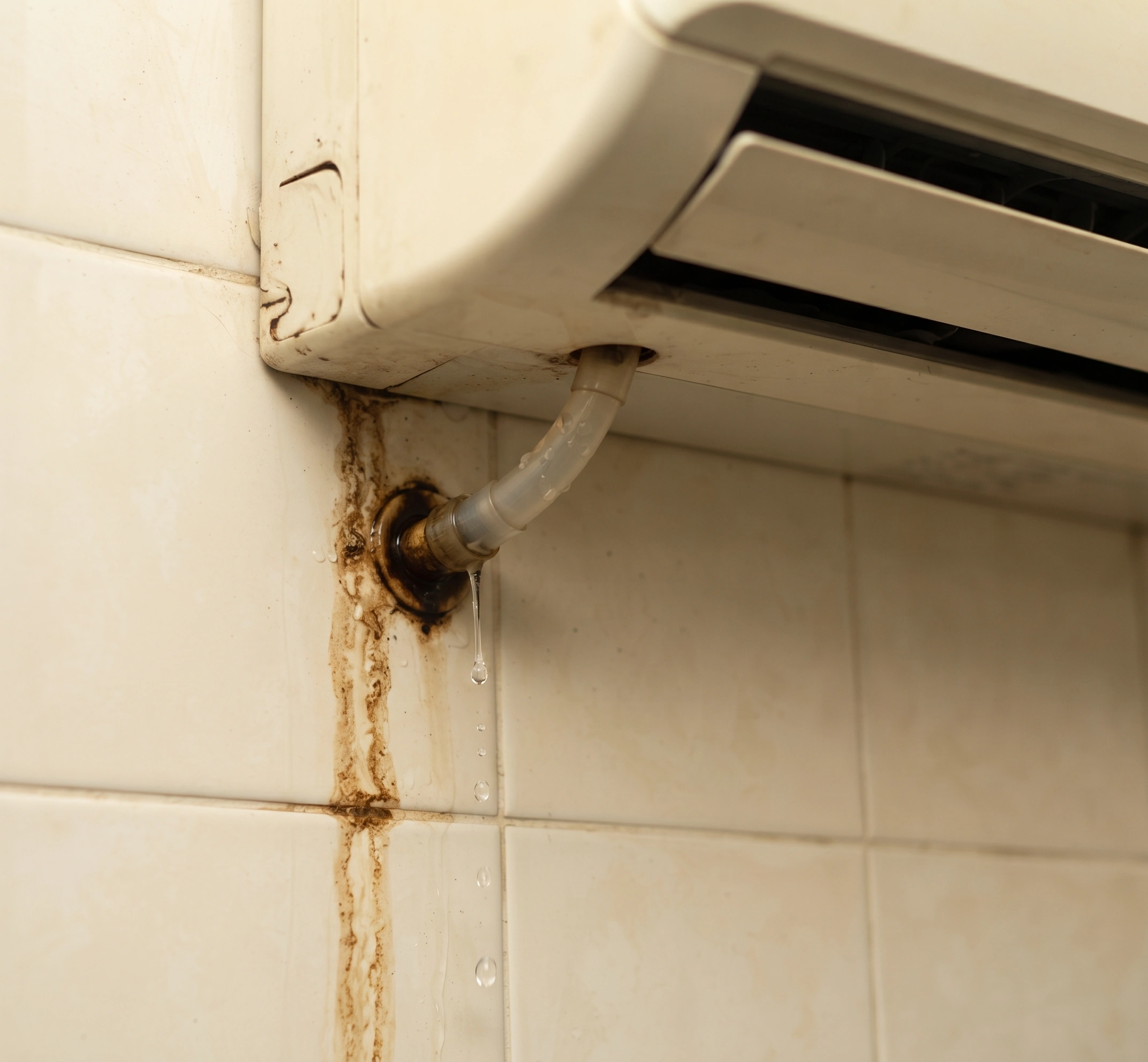 Water dripping from an indoor AC unit and staining the wall below it