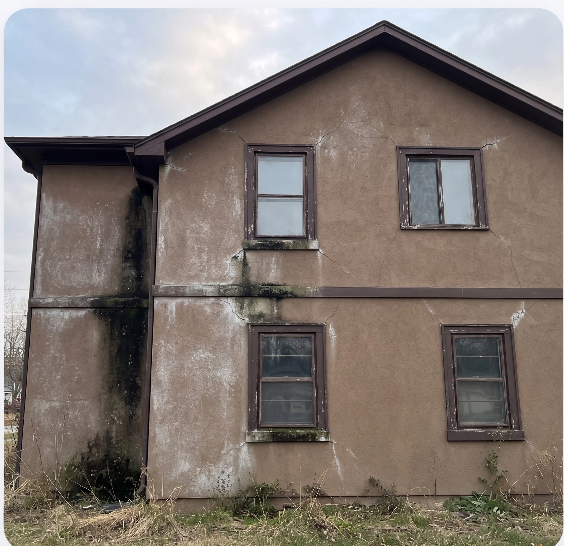 House elevation in Islamabad, sun-bleached and chalking with algae in the shaded corners