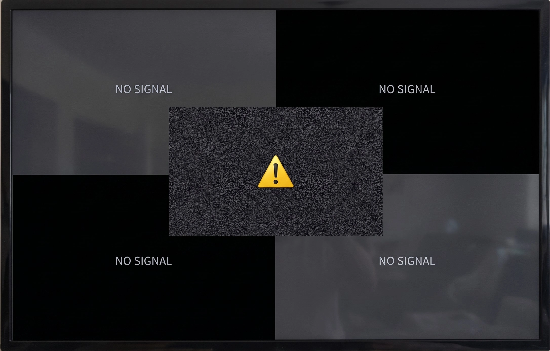 CCTV monitor showing dead channels, grainy footage and a full drive