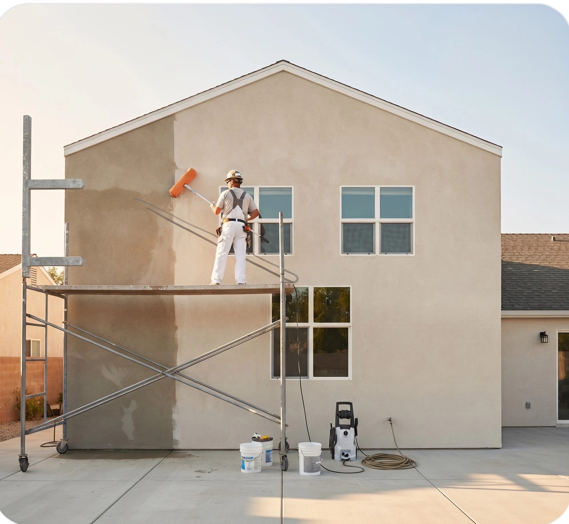 Exterior weathershield paint being applied to a house elevation in Islamabad