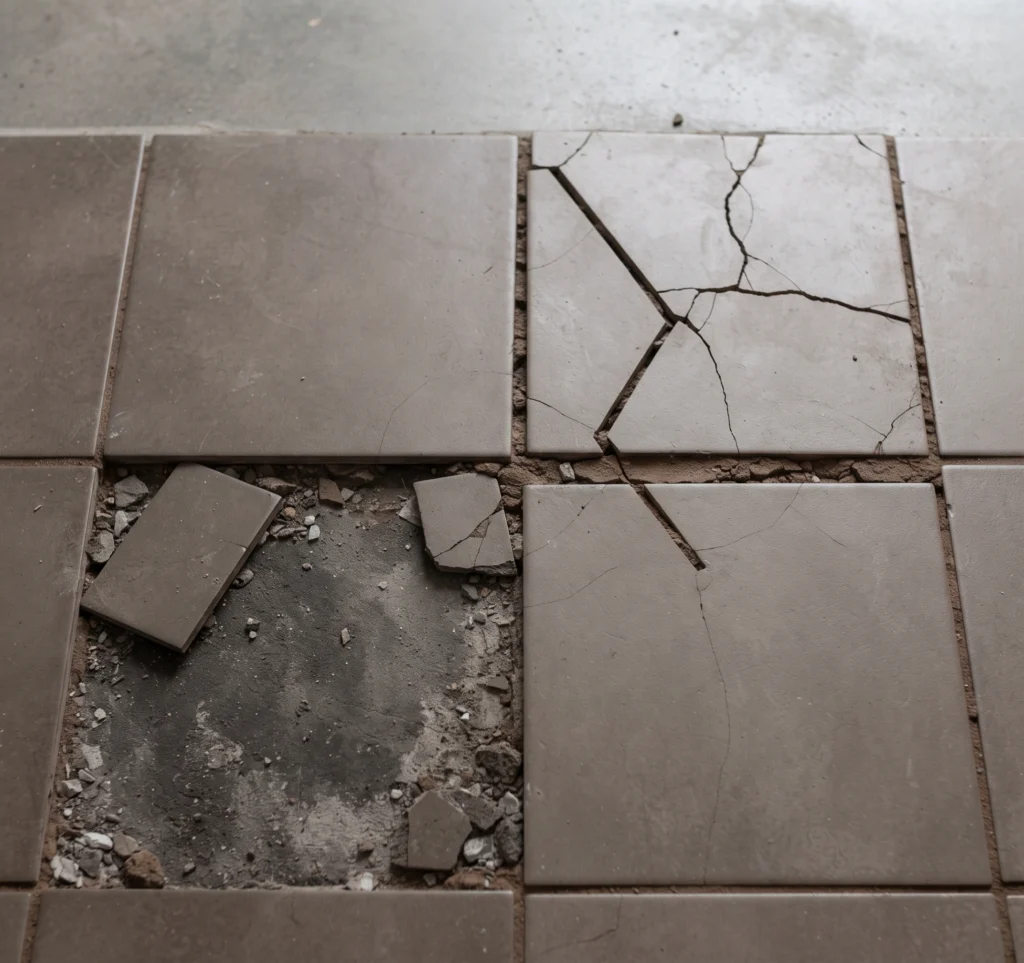 Old tiled floor in Islamabad with cracked tiles, dark failed grout and a missing tile