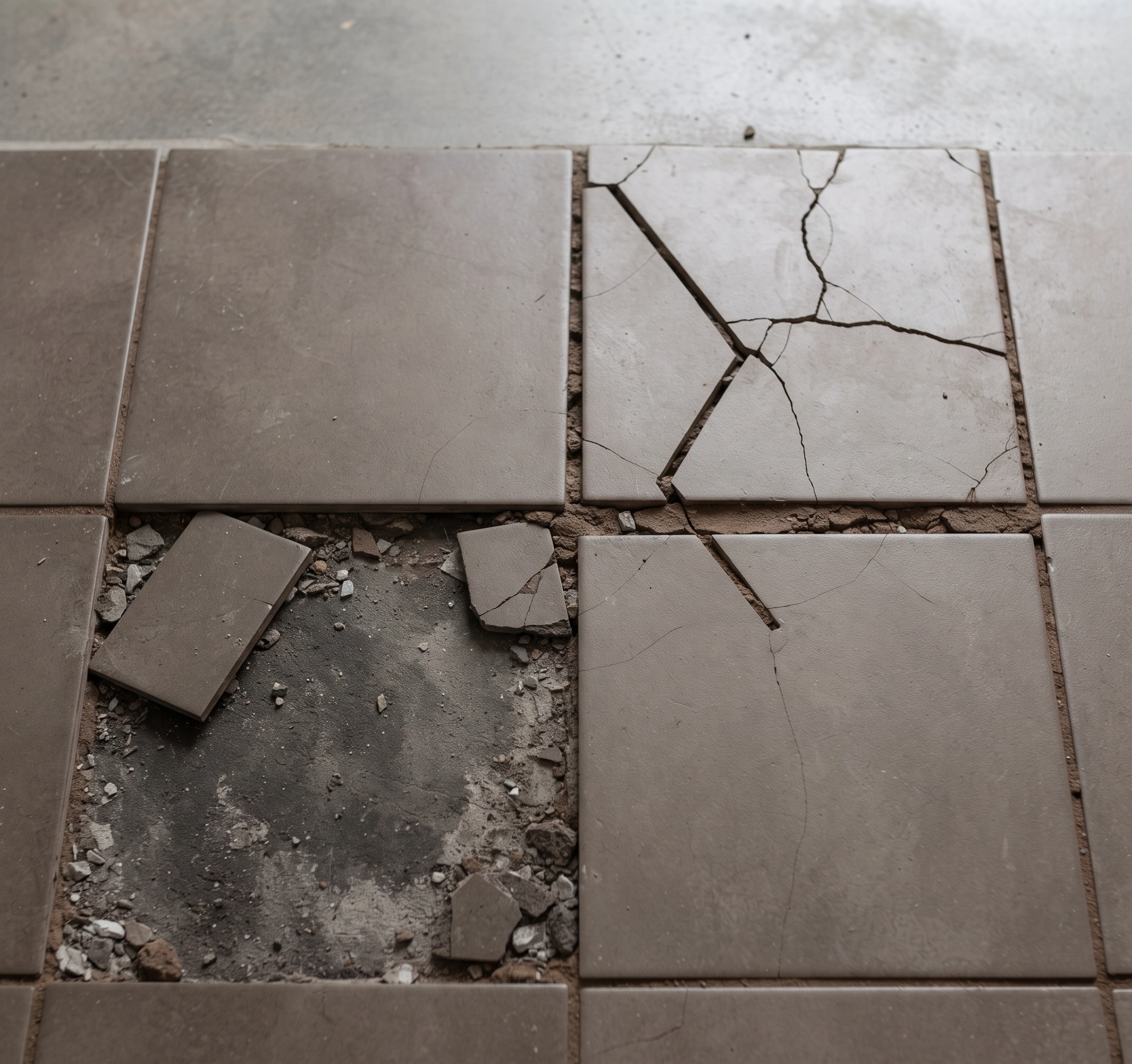 Old tiled floor in Islamabad with cracked tiles, dark failed grout and a missing tile