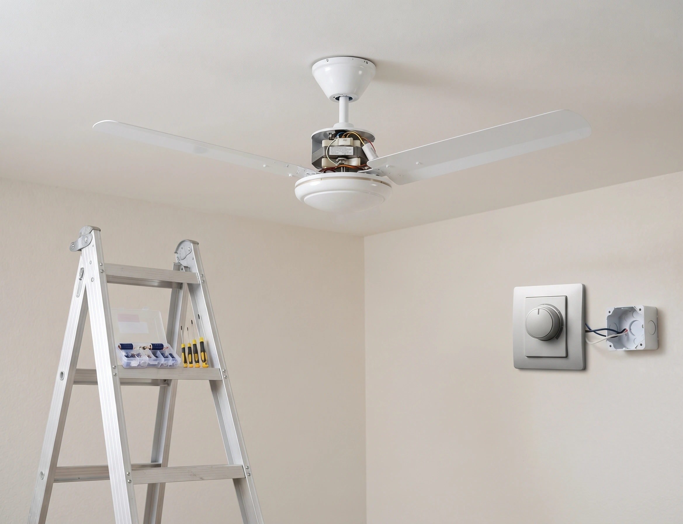 Ceiling fan being installed and wired in an Islamabad home
