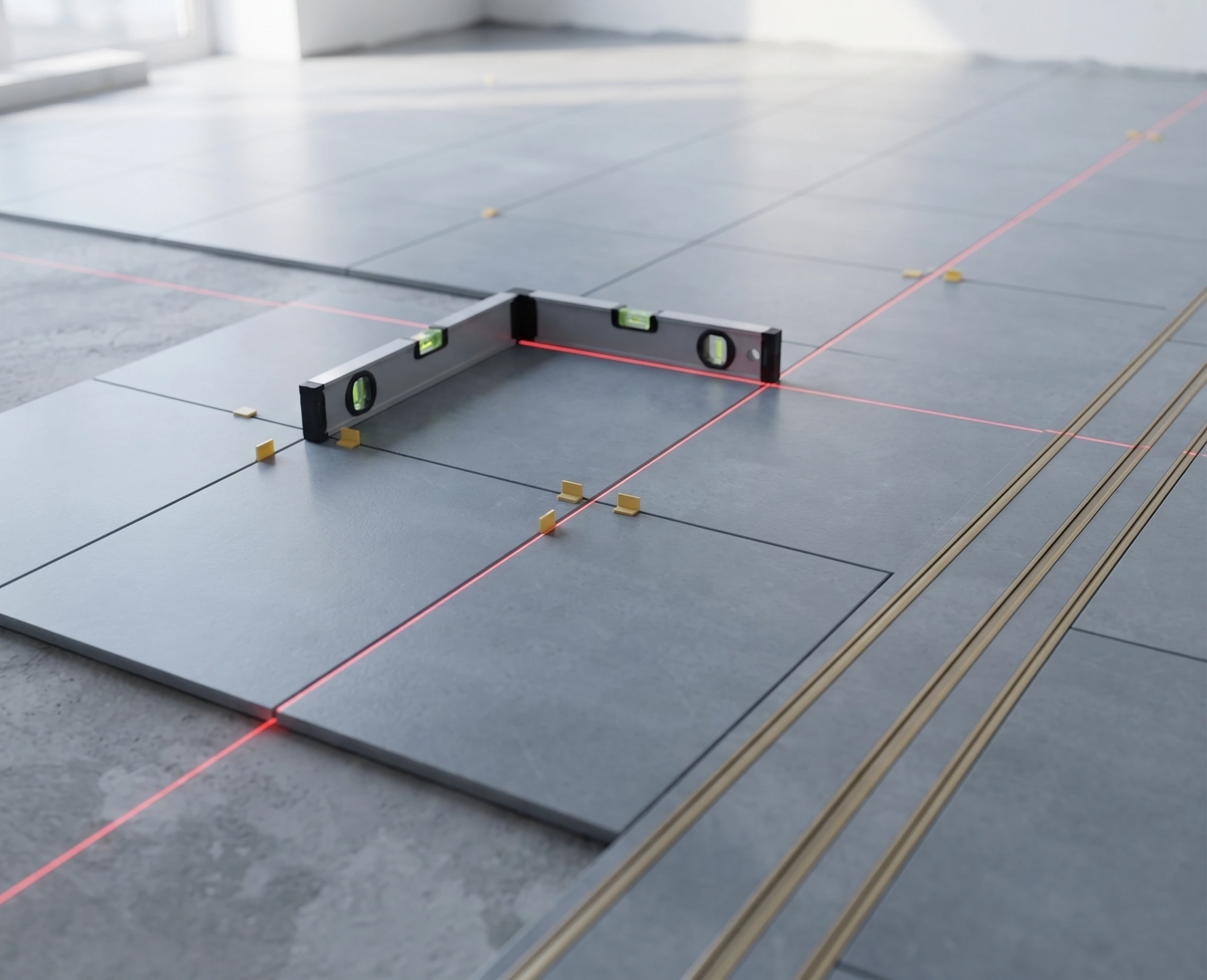 Floor tiles being set out and laid flat in an Islamabad home