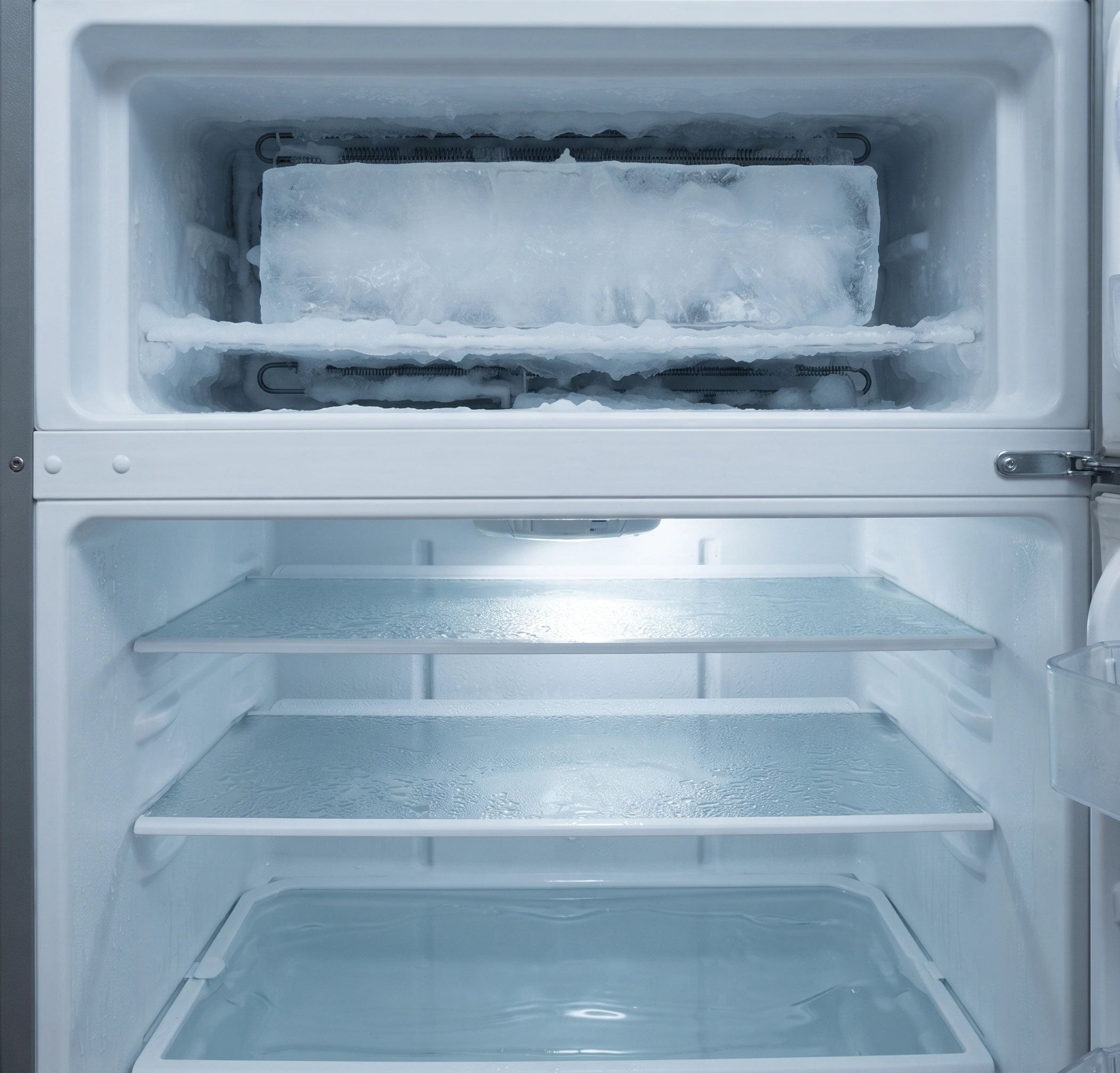Refrigerator in Islamabad with an iced-up freezer, a warm fridge section and water pooling below
