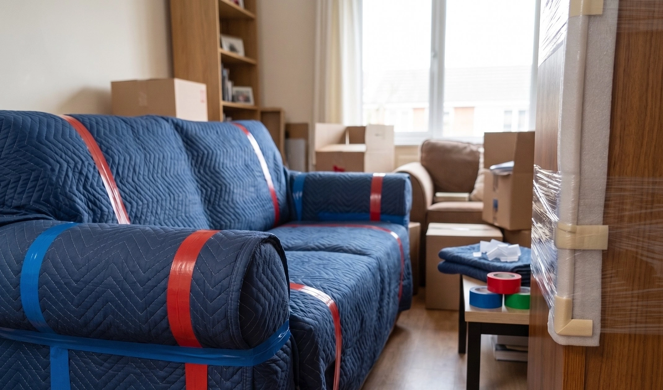 The same furniture blanketed and stretch-wrapped with the corners protected