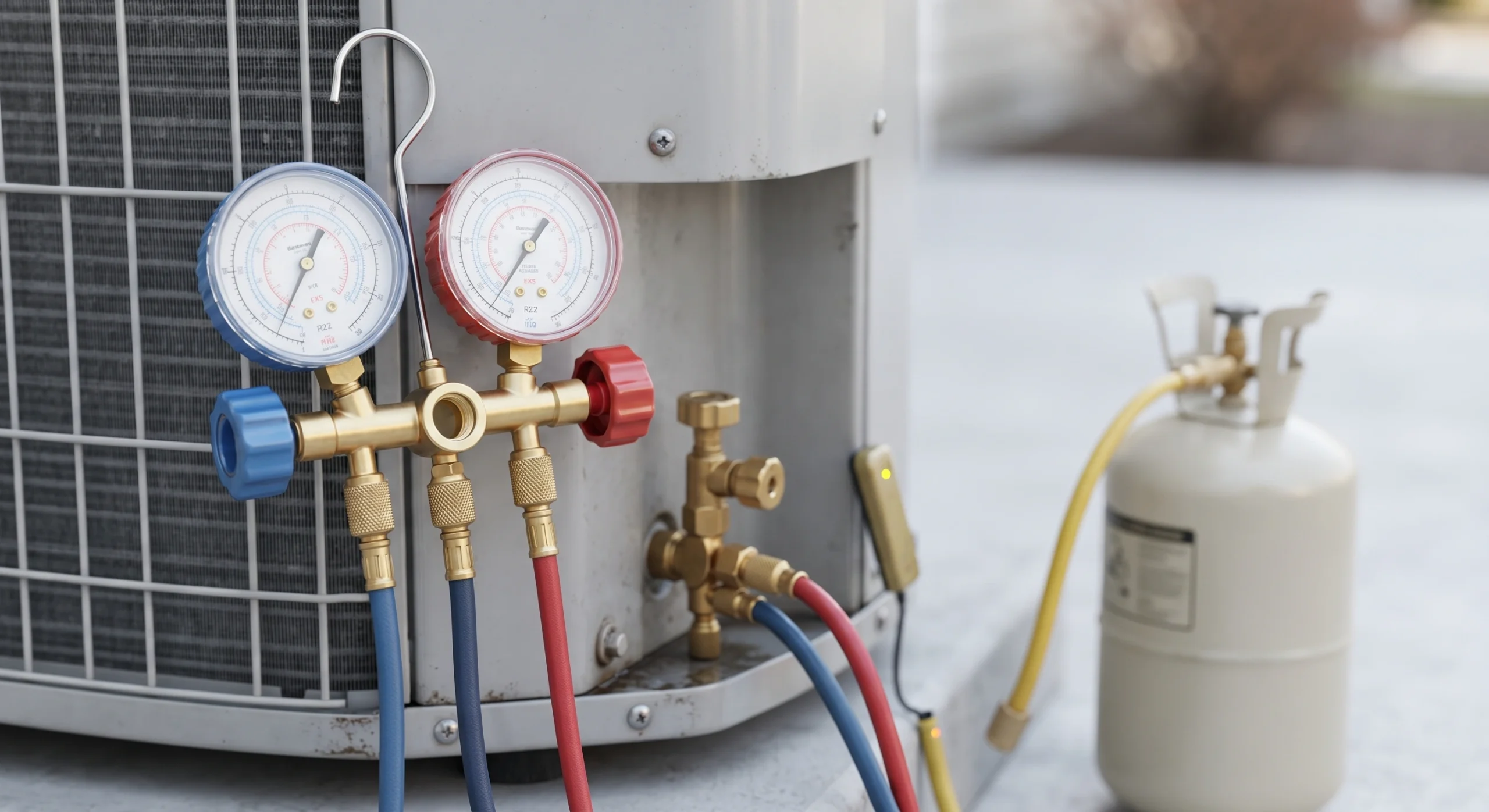 AC gas being refilled with manifold gauges on the outdoor unit