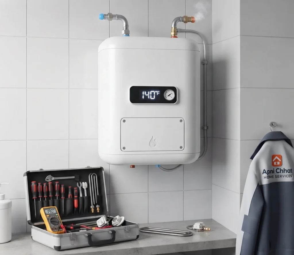 Wall-mounted geyser being installed and connected