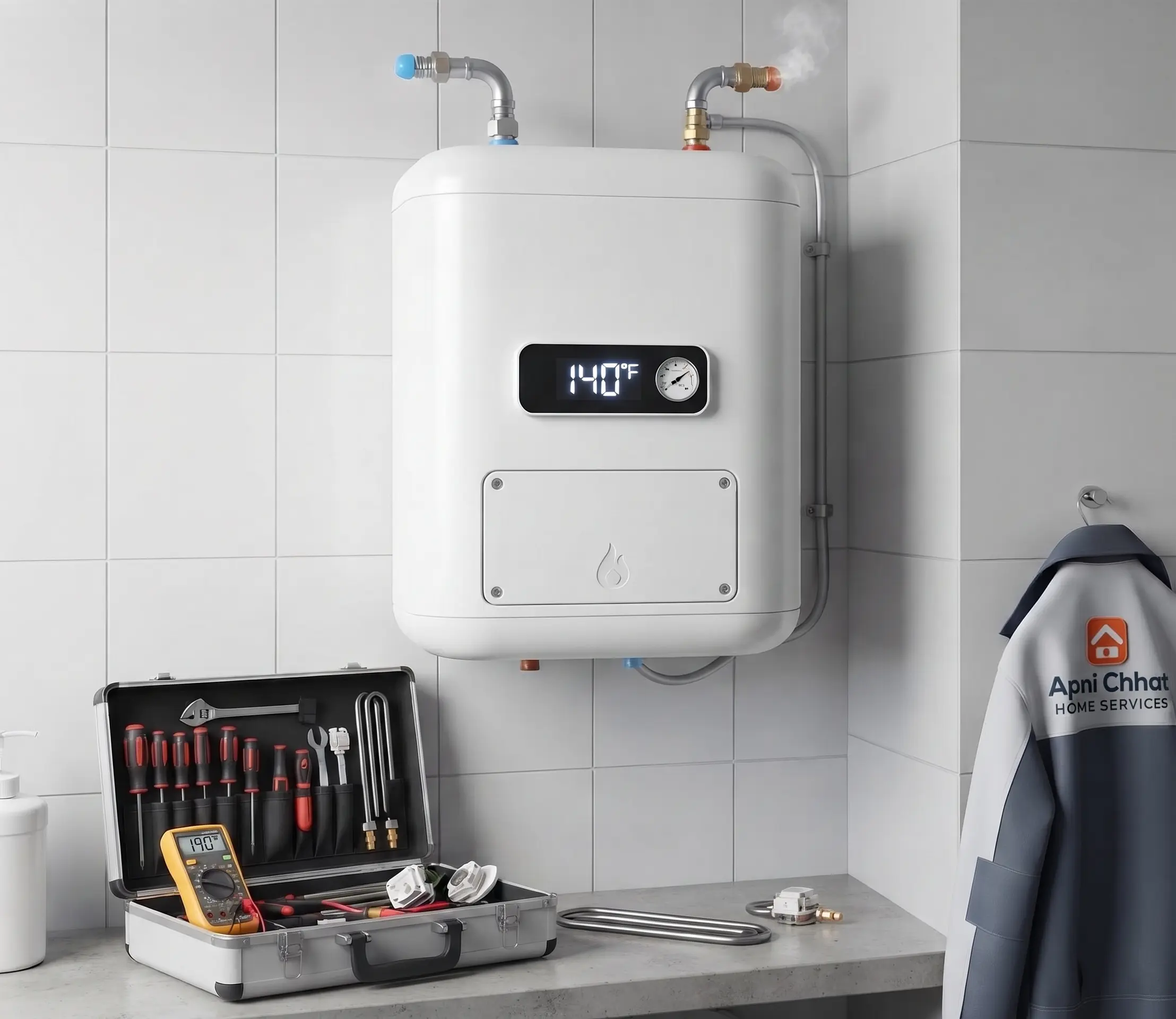 Wall-mounted geyser being installed and connected