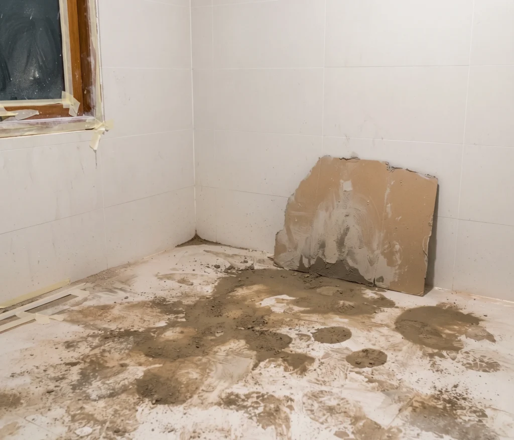Room in Islamabad after construction work, covered in cement dust with tape and offcuts left behind