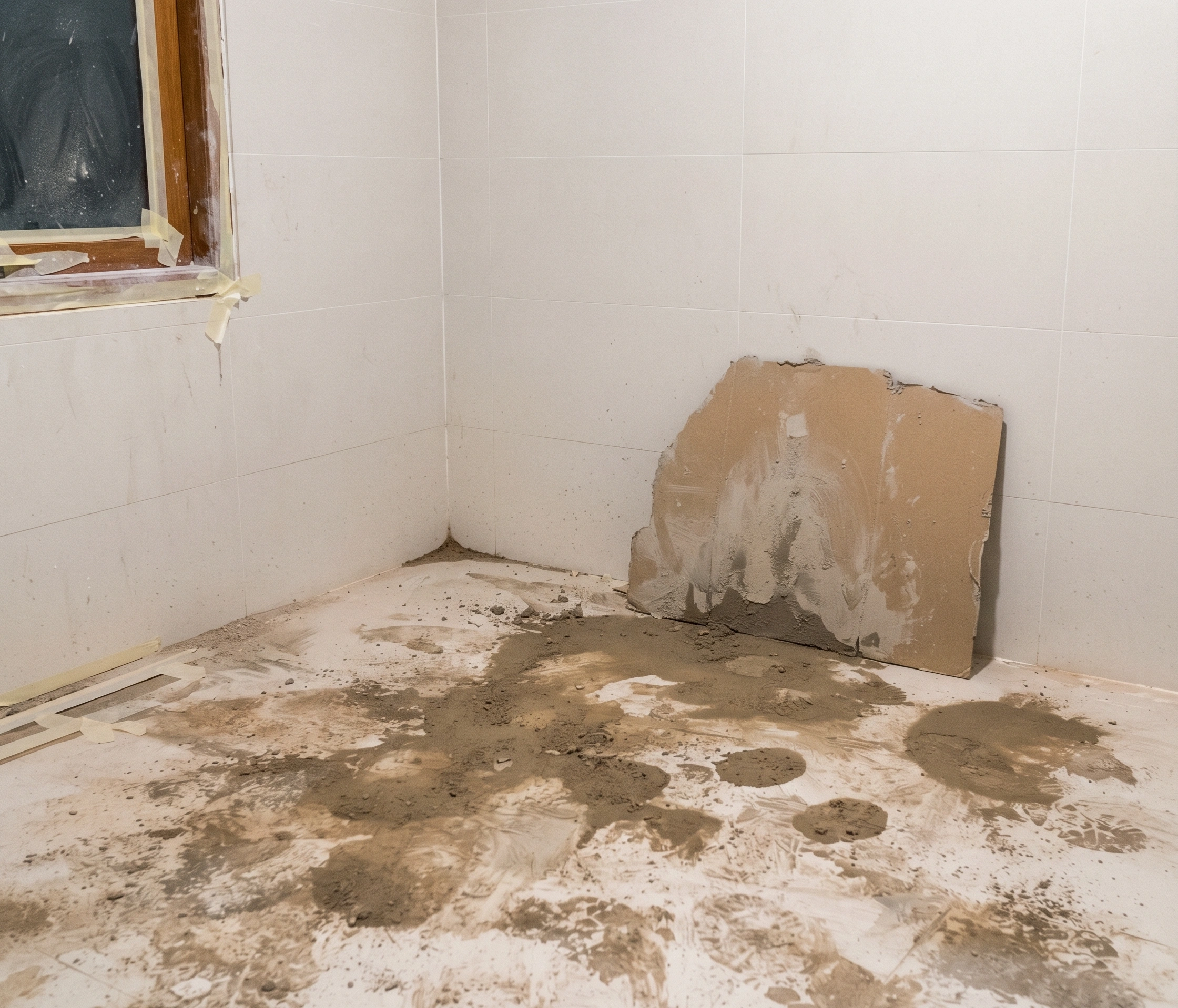 Room in Islamabad after construction work, covered in cement dust with tape and offcuts left behind