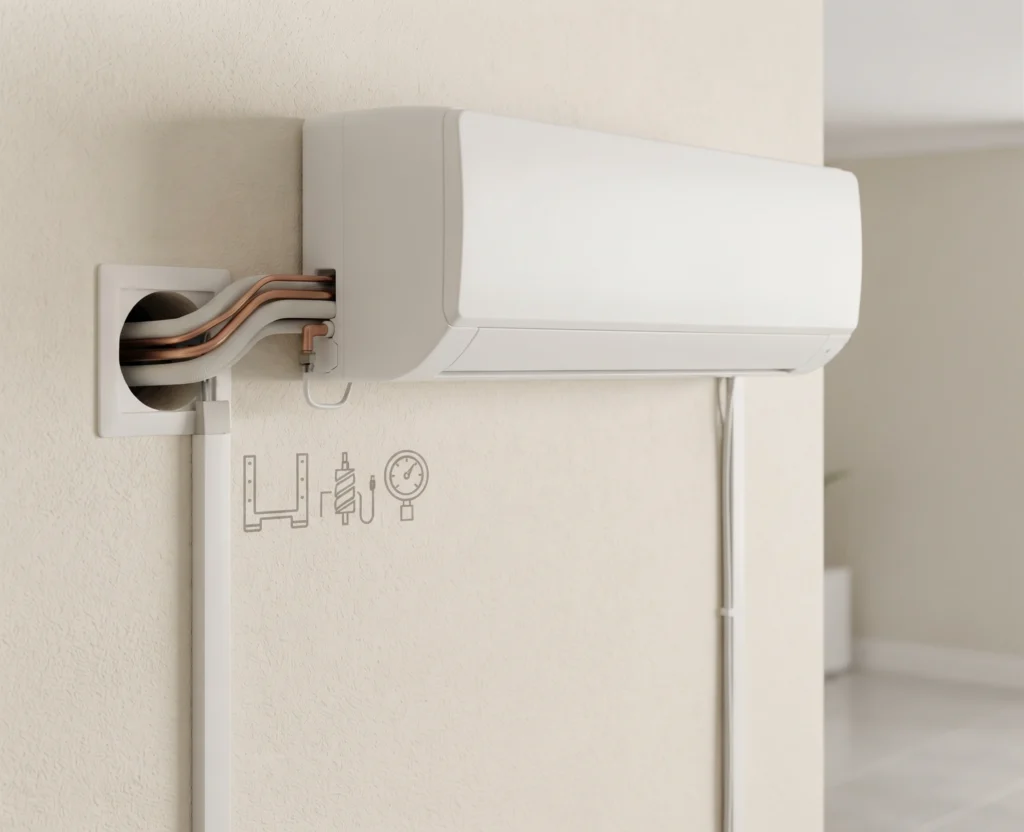 Split AC indoor unit being installed on a wall in Islamabad