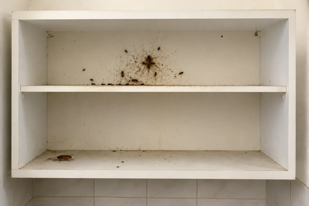Kitchen cabinet in Islamabad with cockroach droppings along the shelves and roaches on the wall