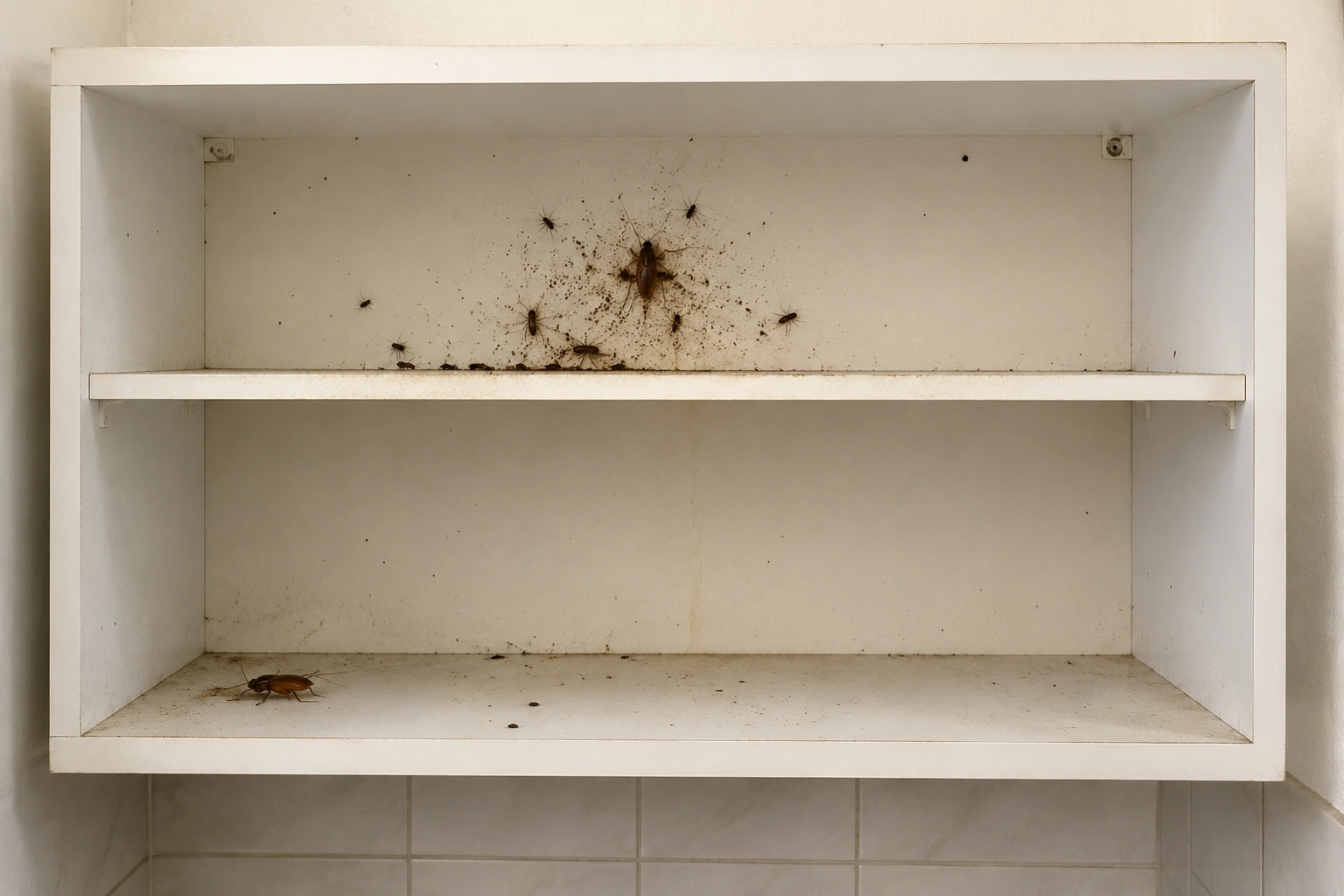 Kitchen cabinet in Islamabad with cockroach droppings along the shelves and roaches on the wall